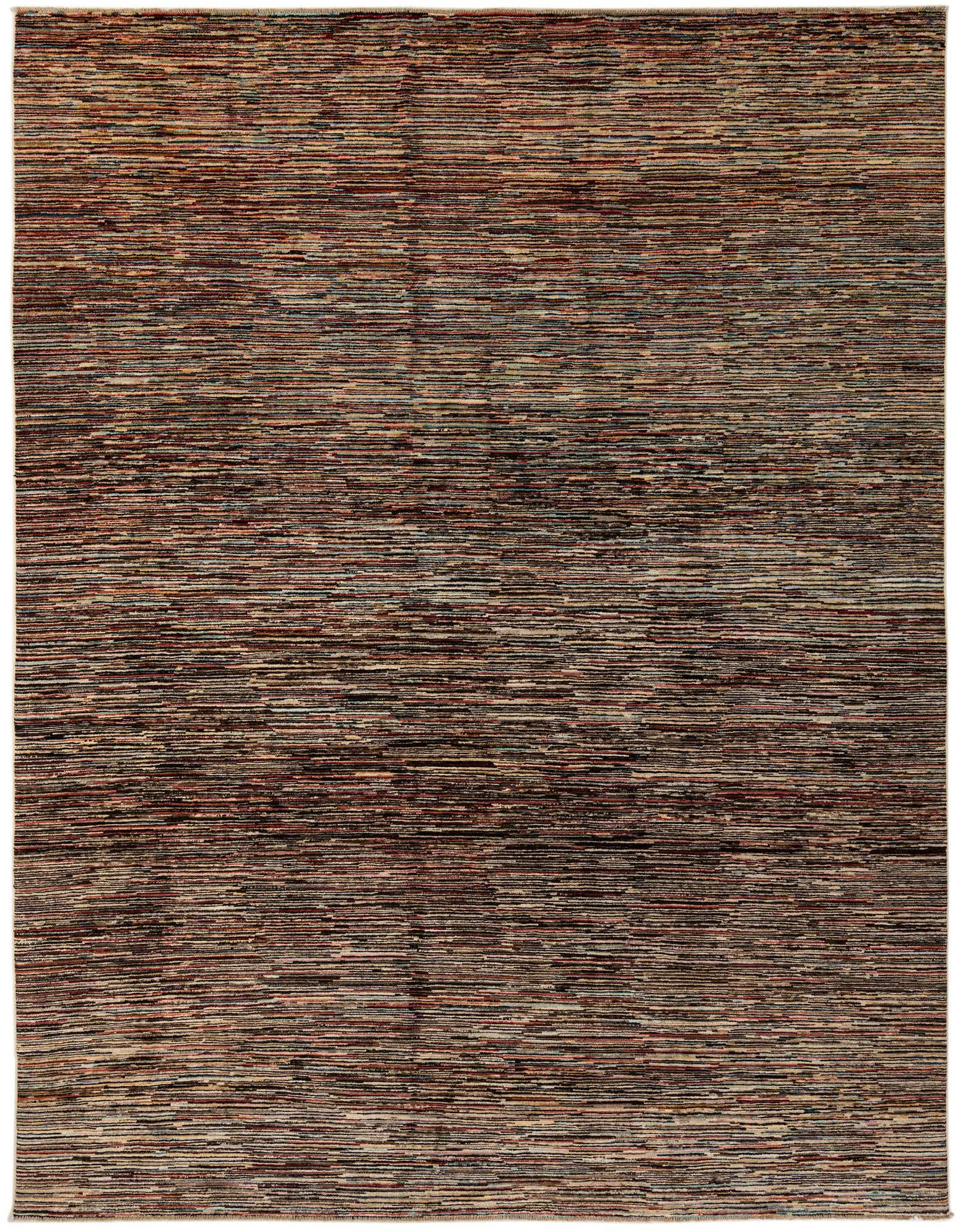 A 9x12 rectangular multi-colored wool rug with a modern striped pattern, ideal for a living room.