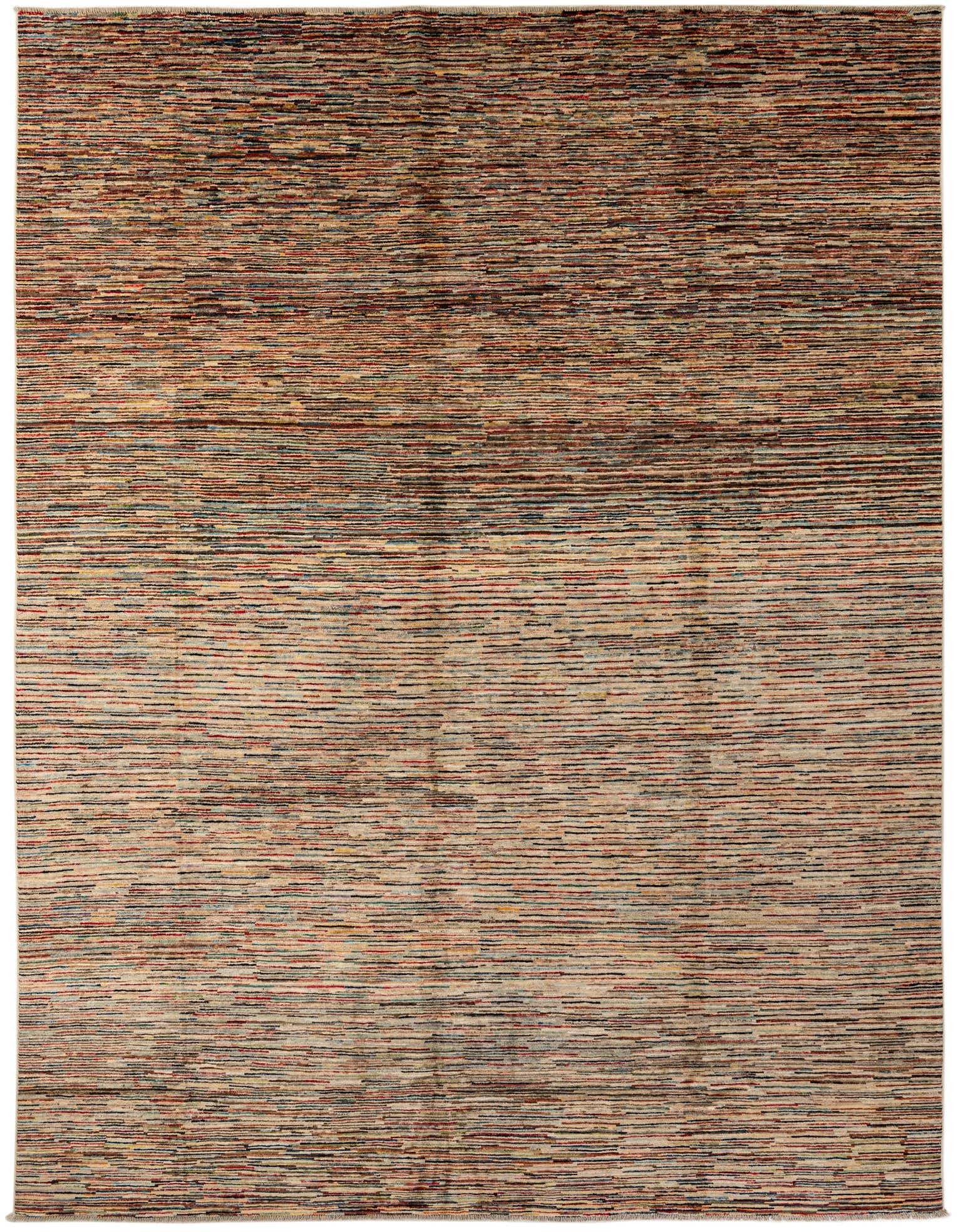 A 9x12 rectangular multi-colored wool rug with a modern stripe pattern, ideal for a living room.