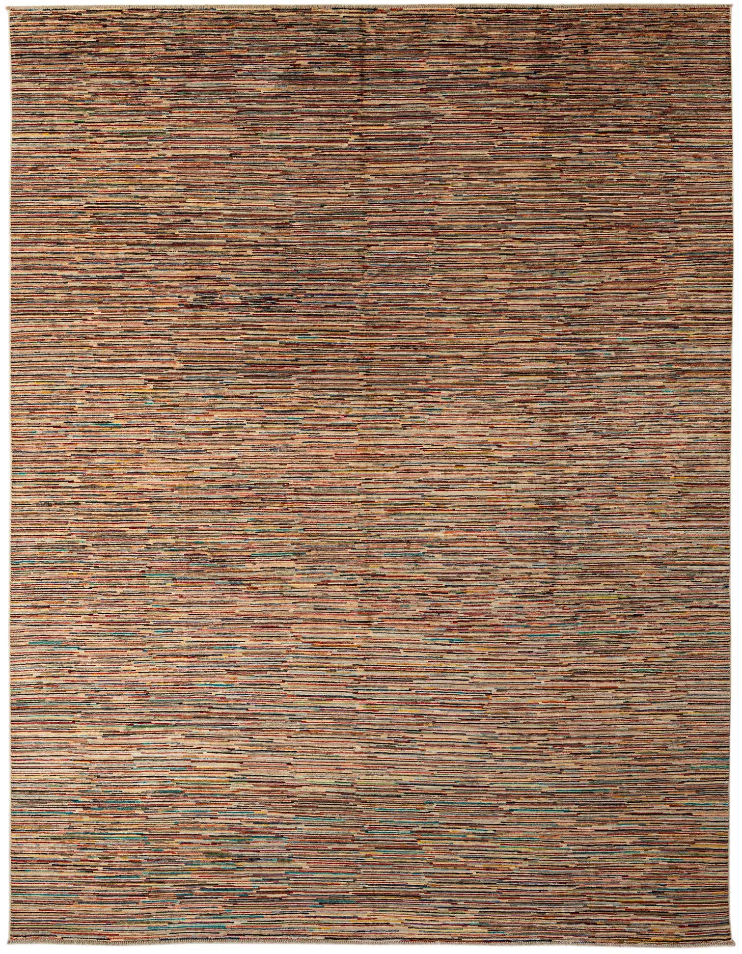 A 10x13 rectangular multi-colored wool area rug with a modern stripe pattern, ideal for a living room.
