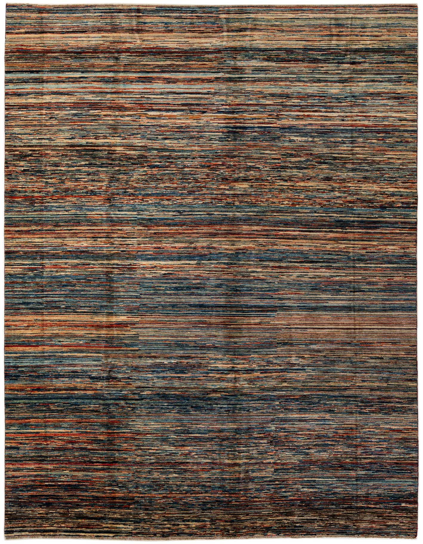 A 9x12 rectangular multi-colored wool rug featuring a modern stripe pattern in various hues.