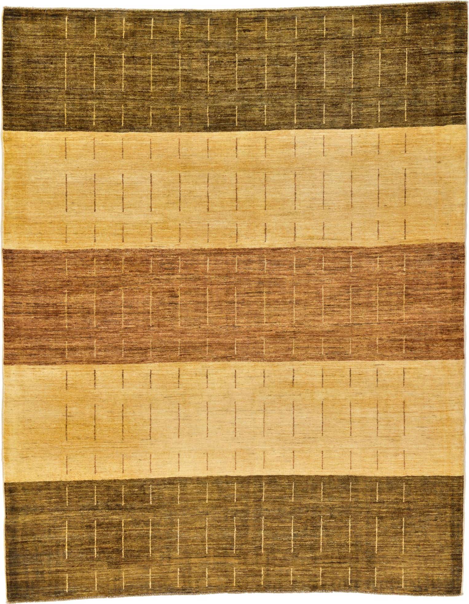 A rectangular 4x6 Modern Ziegler rug featuring horizontal stripes in varying shades of brown, tan, and gold with subtle vertical dashes.