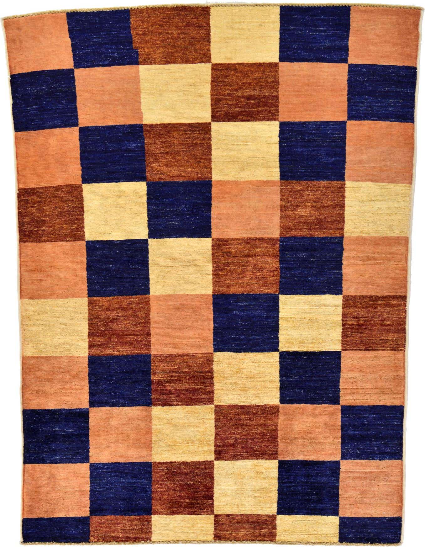 A 4x6 rectangular, multi-colored Modern Ziegler rug featuring a checkerboard pattern of navy blue, peach, brown, and cream squares.