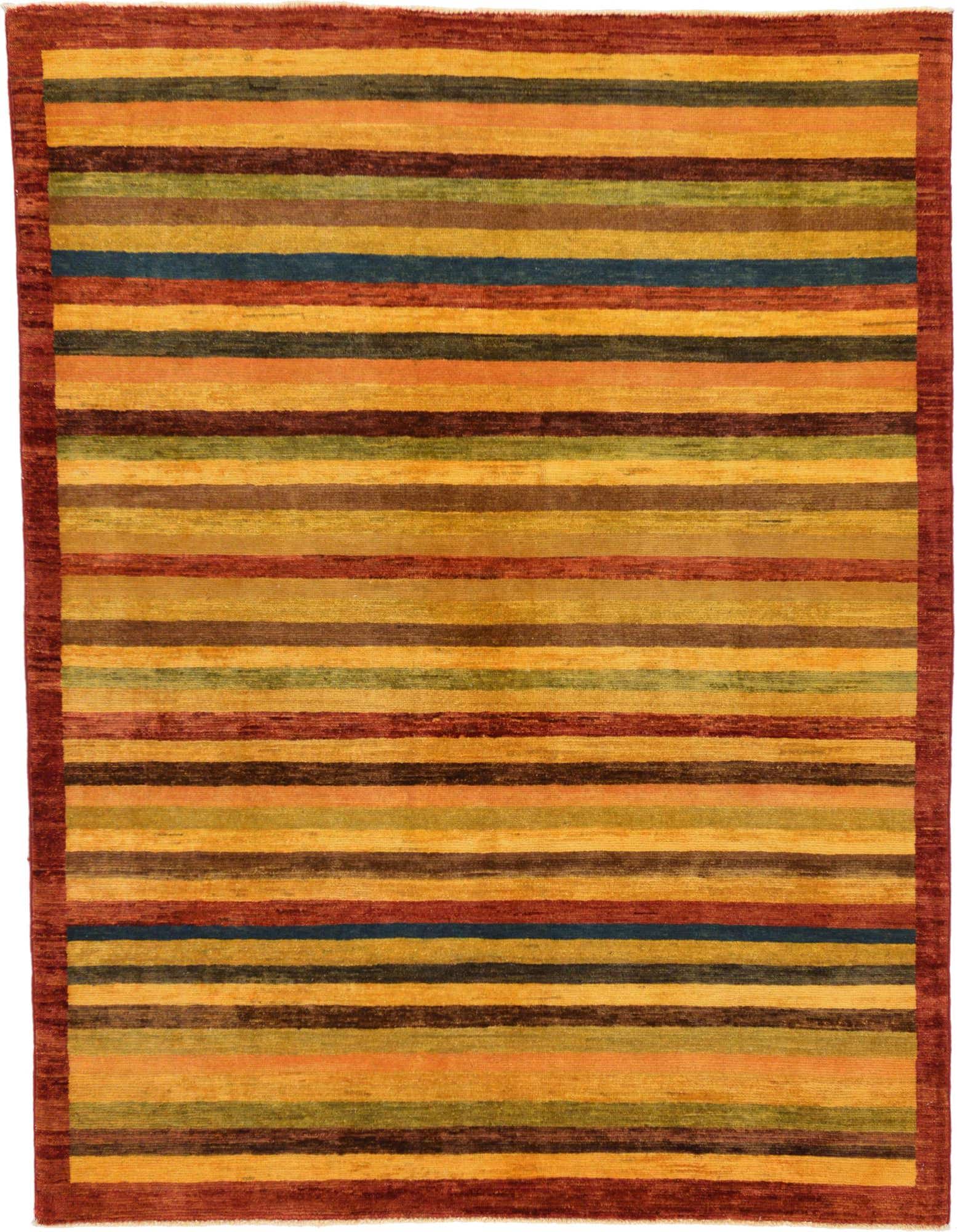 A 4x6 rectangular multi-colored tribal rug with horizontal stripes in earthy tones, including gold, orange, green, blue, and brown, framed by a dark red border.