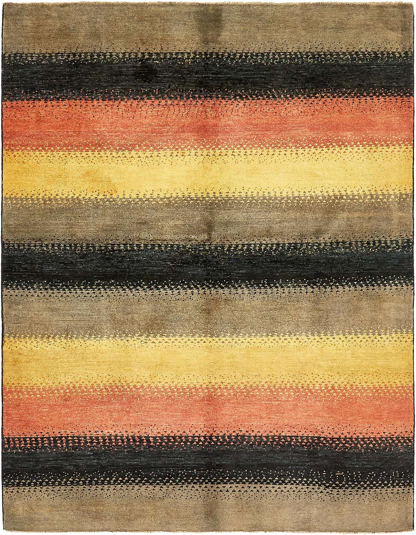 A rectangular 5x8 Modern Ziegler rug with horizontal stripes in shades of brown, black, yellow, and red, featuring a textured, thin pile.