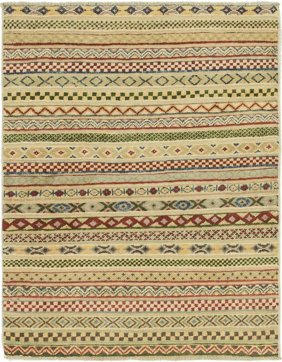 A 3x4 rectangular multi-colored Southwestern rug with horizontal stripes of various tribal patterns and colors, made from hand-spun wool.