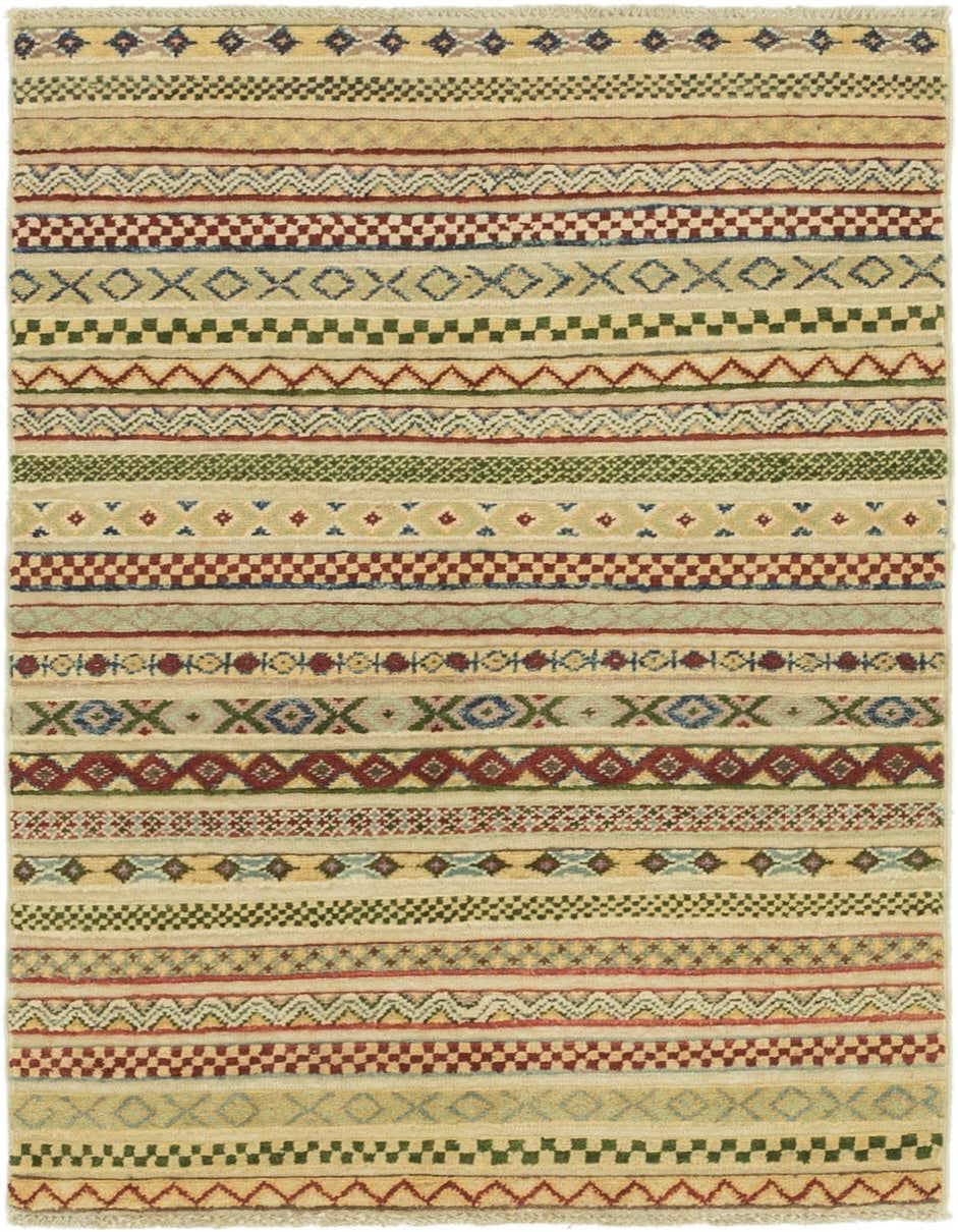 A 3x4 rectangular multi-colored wool rug with Southwestern and tribal stripe patterns, featuring various geometric designs.