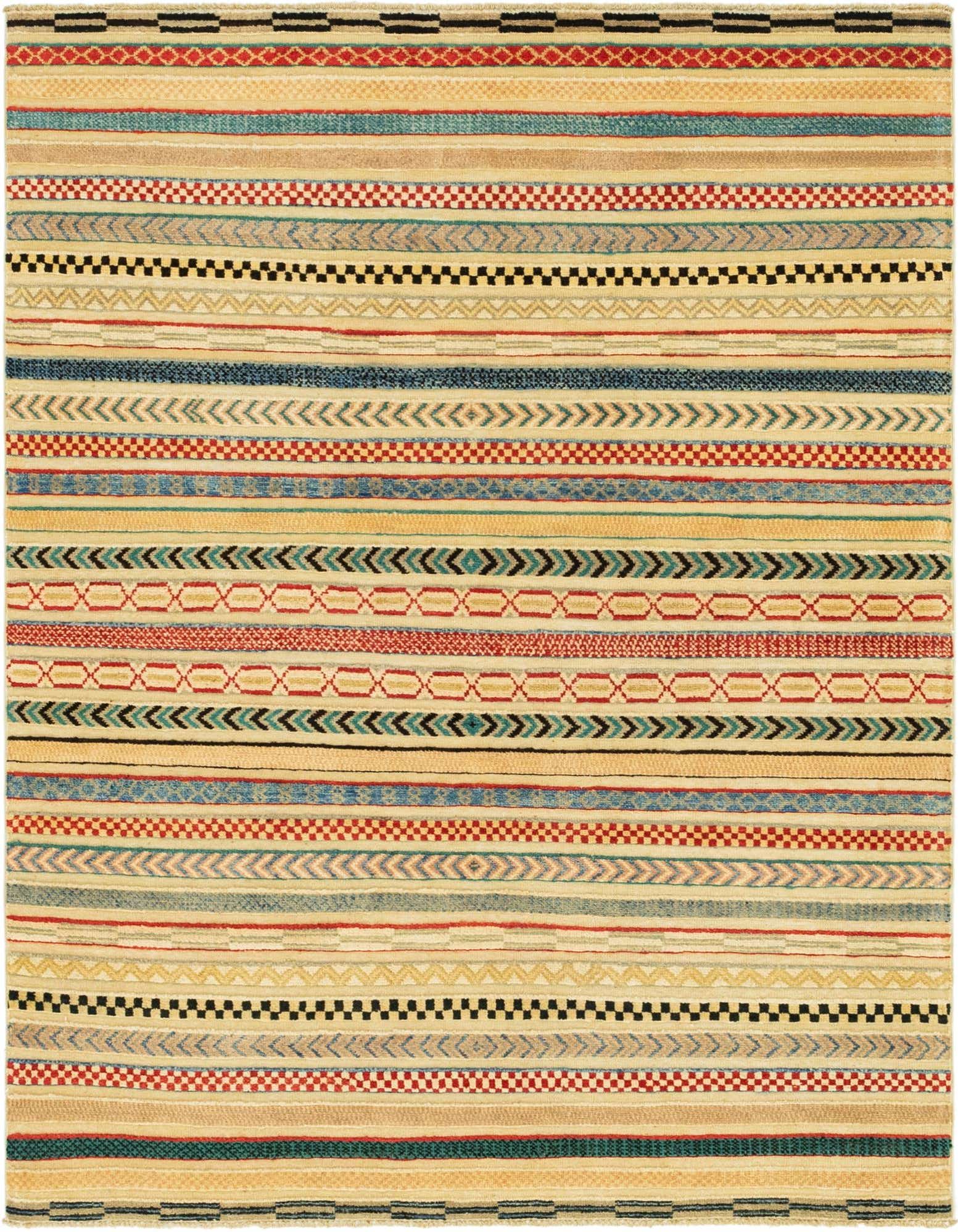 A 4x6 rectangular multi-colored wool rug with horizontal stripes of various tribal and geometric patterns in a transitional style.
