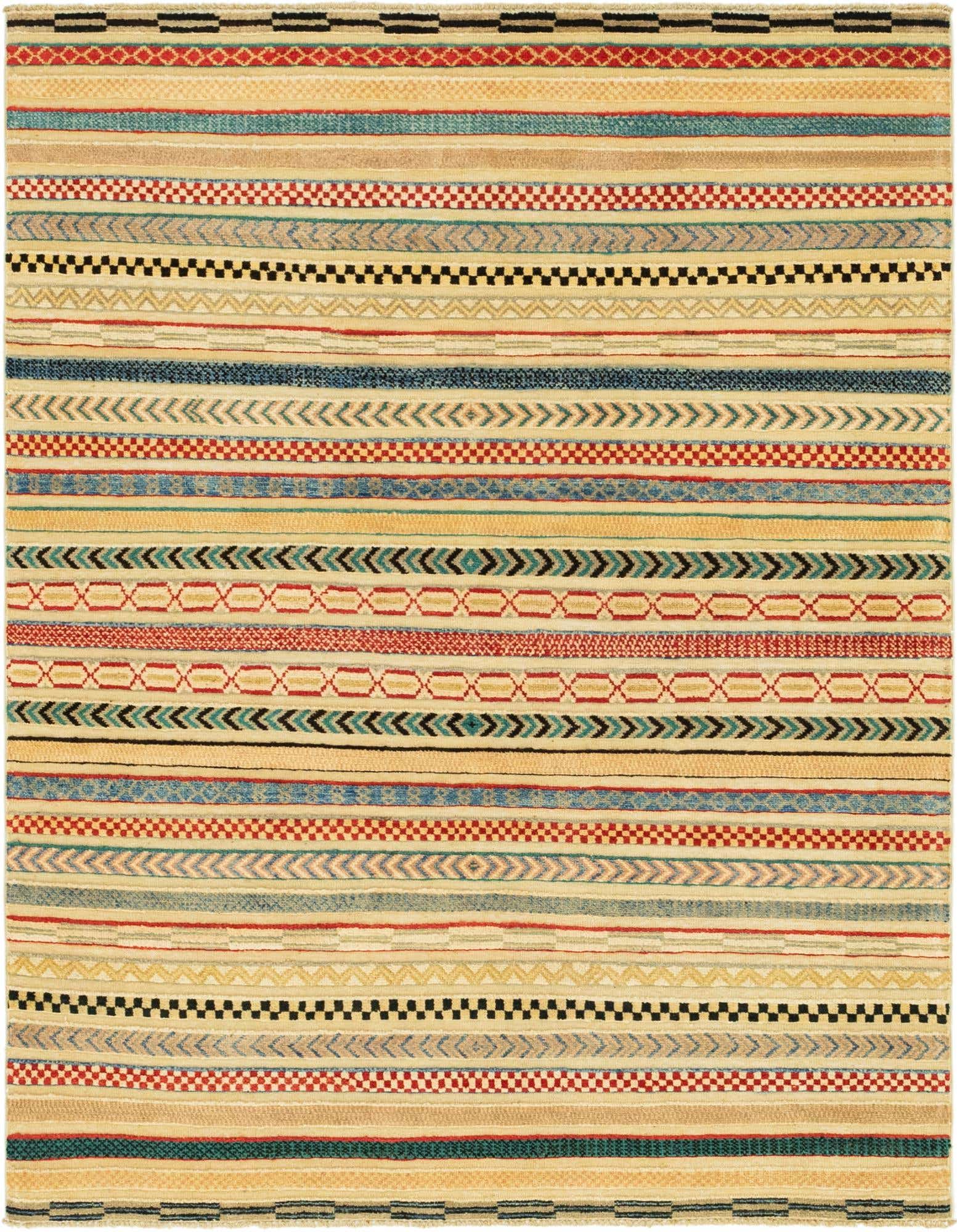 A 4x6 rectangular multi-colored wool rug with horizontal stripes of various tribal and geometric patterns in a transitional style.