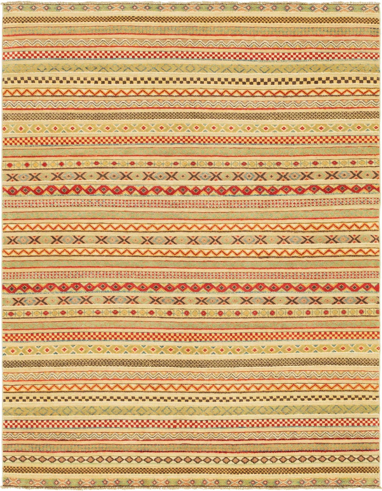 A 4x6 rectangular multi-colored tribal stripe rug made of hand-spun wool, featuring various geometric patterns.