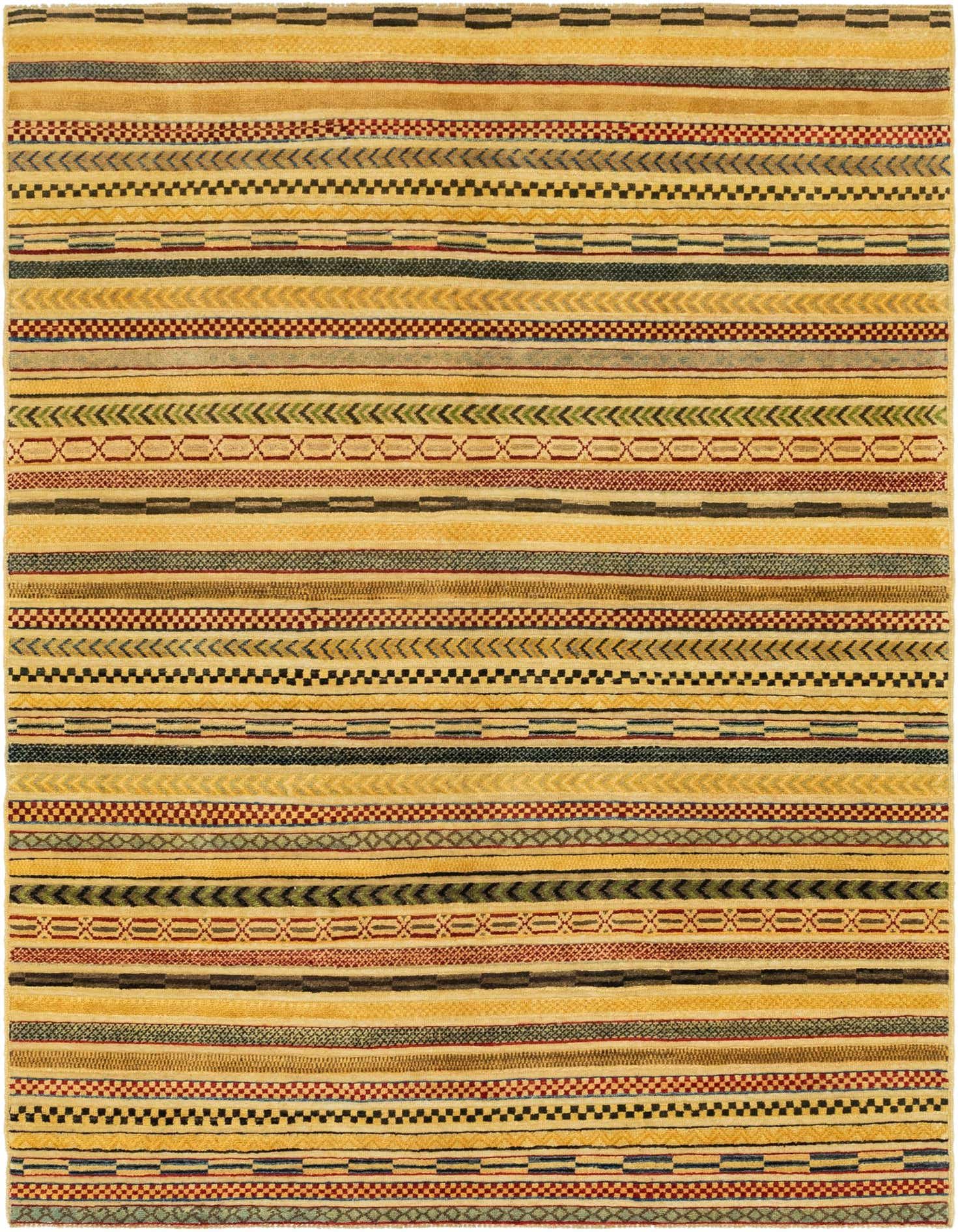 A 6x9 multi-colored tribal stripe rug with various patterns in yellows, reds, greens, and blacks.