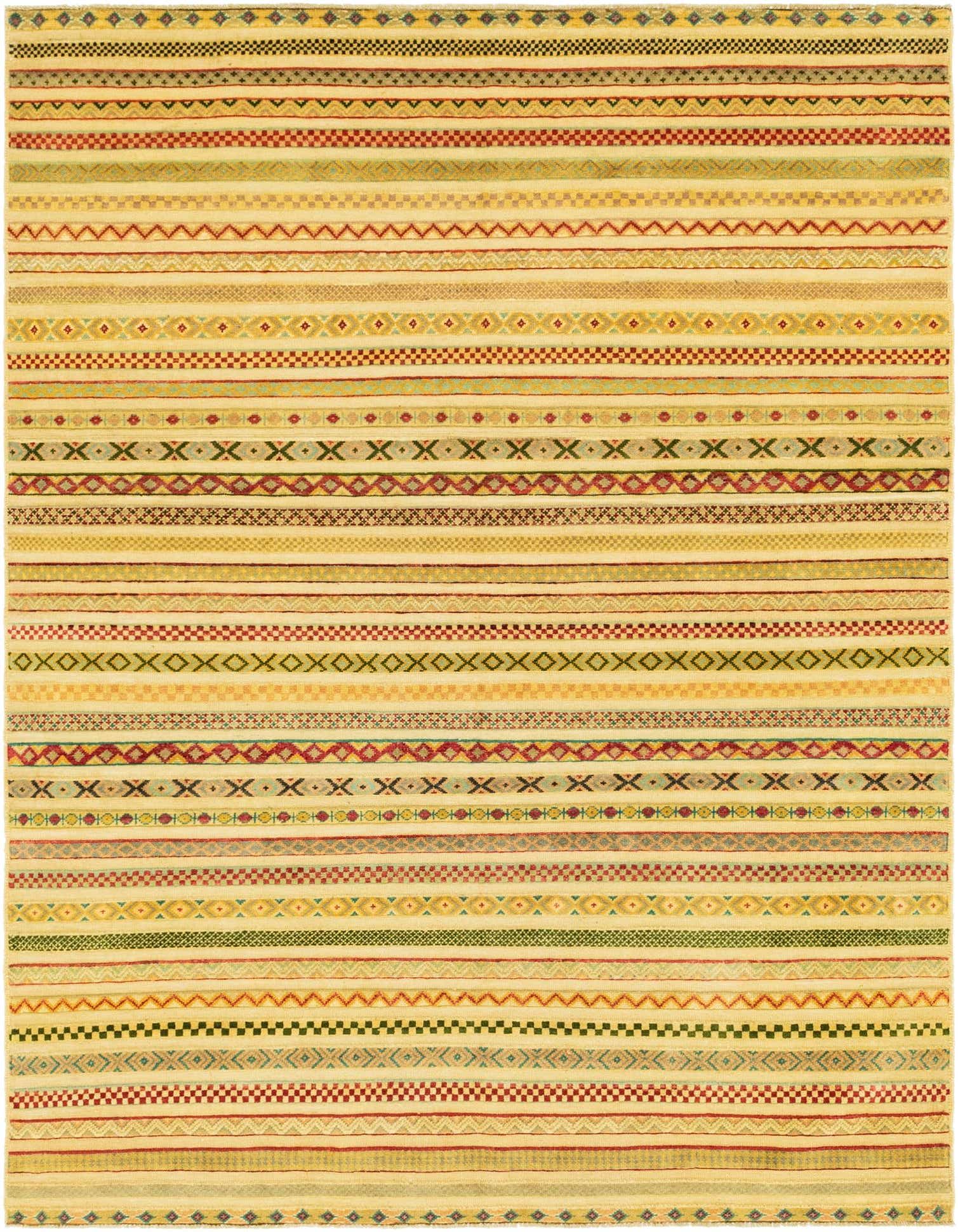 A 6x9 rectangular multi-colored tribal rug with horizontal stripes of various patterns, including zigzags, diamonds, and geometric shapes, in shades of red, green, yellow, and brown.