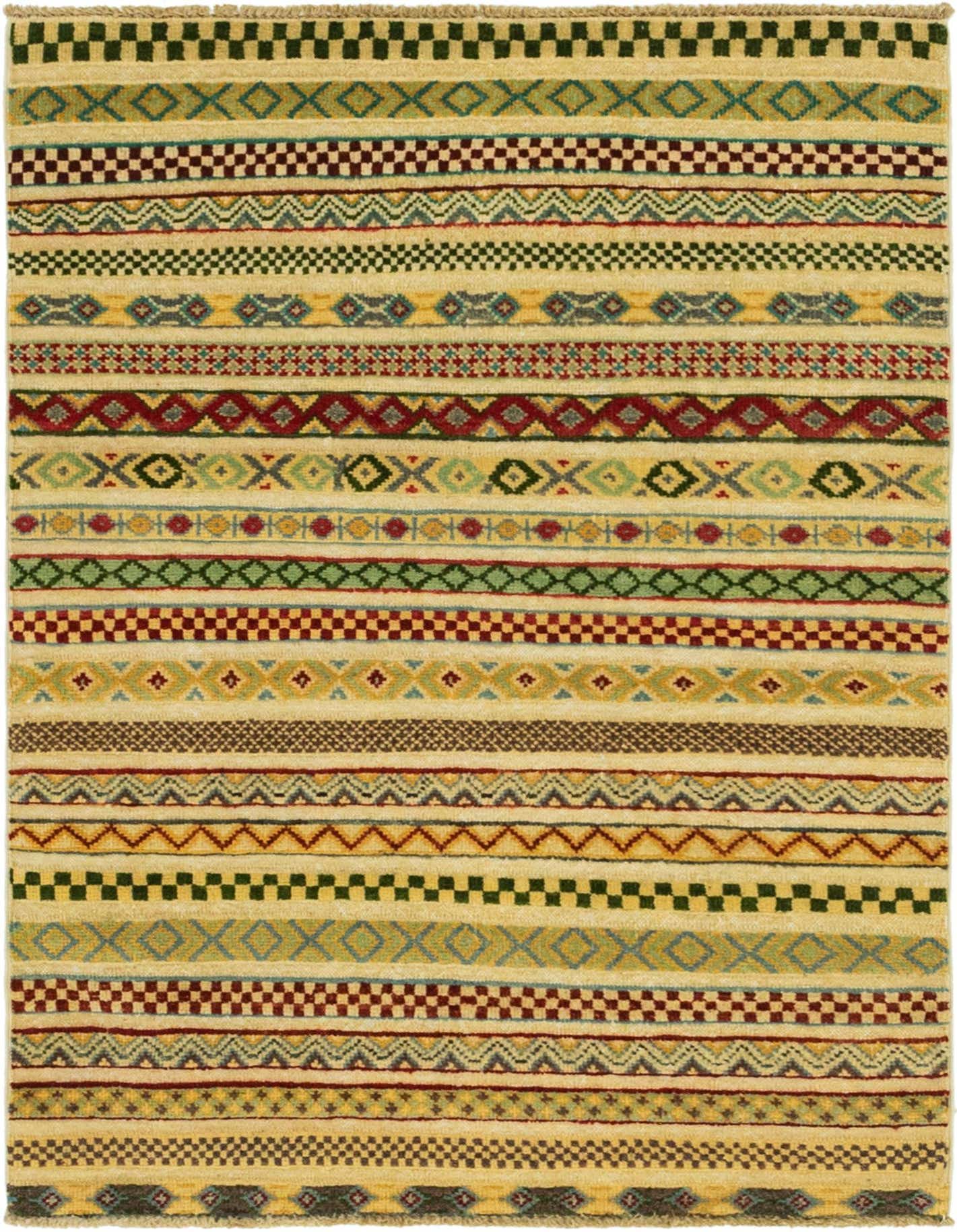 A 3x4 rectangular multi-colored wool rug featuring diverse Southwestern and tribal striped patterns in red, green, blue, and yellow hues.