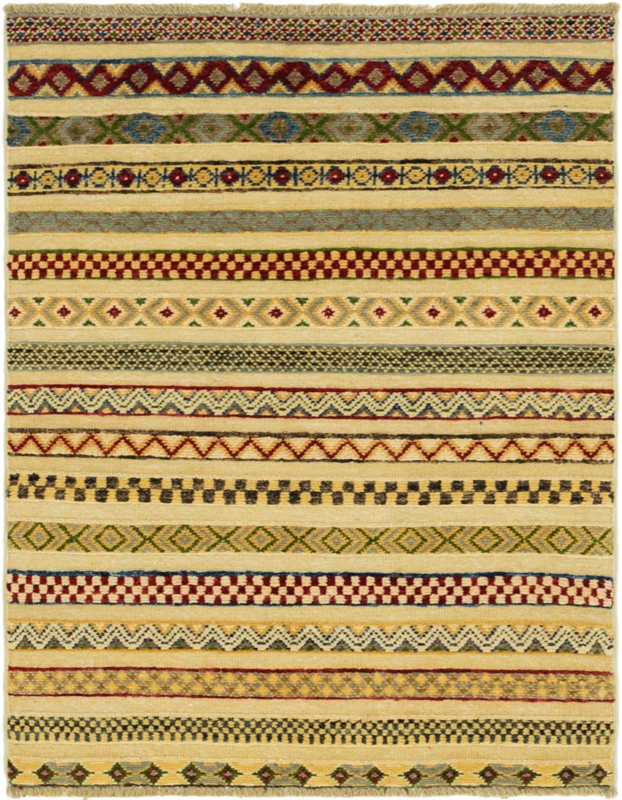 A 3x4 rectangular multi-colored wool rug with Southwestern tribal stripes and geometric patterns.