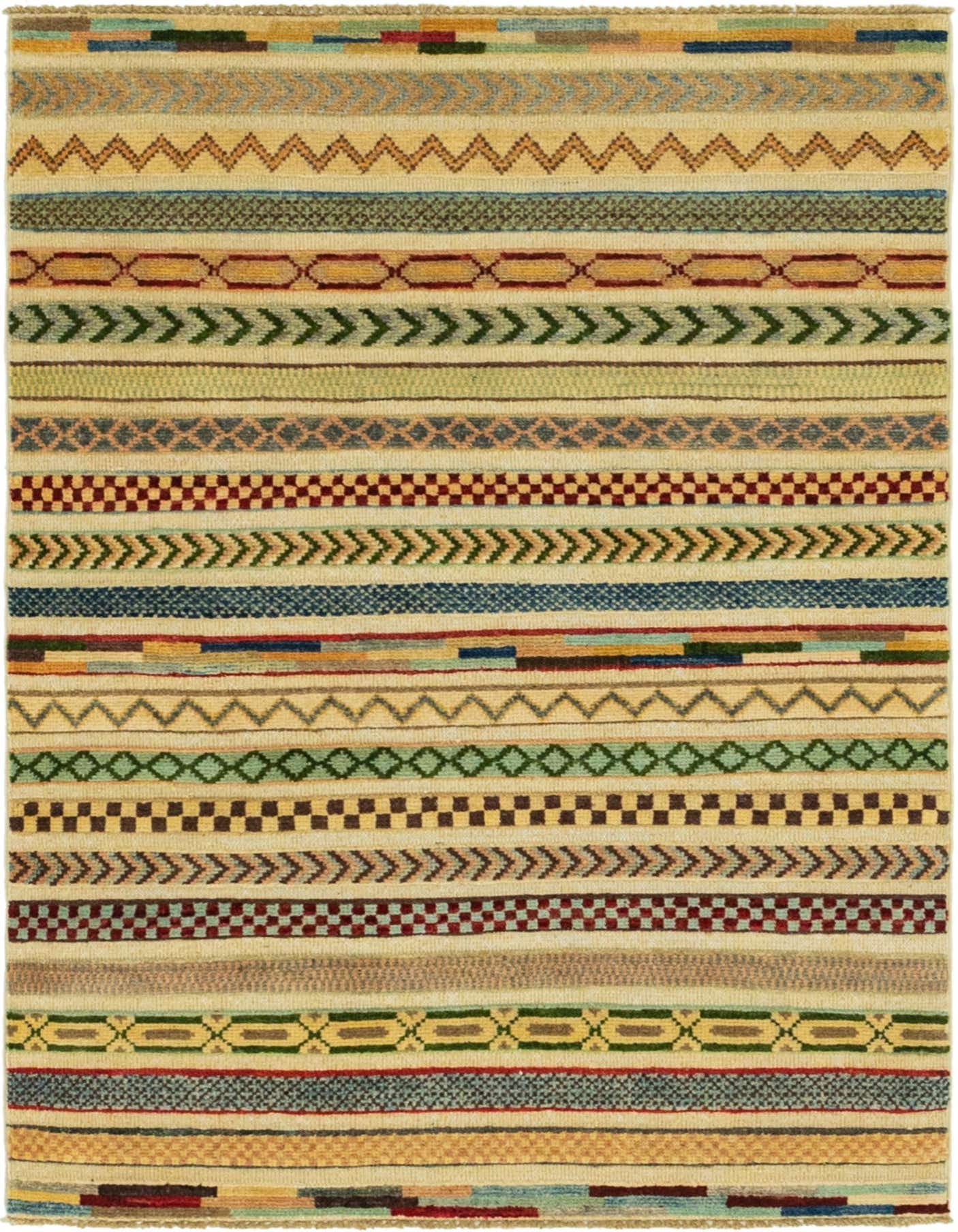 A 3x4 rectangular multi-colored Southwestern rug with varied stripes and tribal patterns in warm tones.