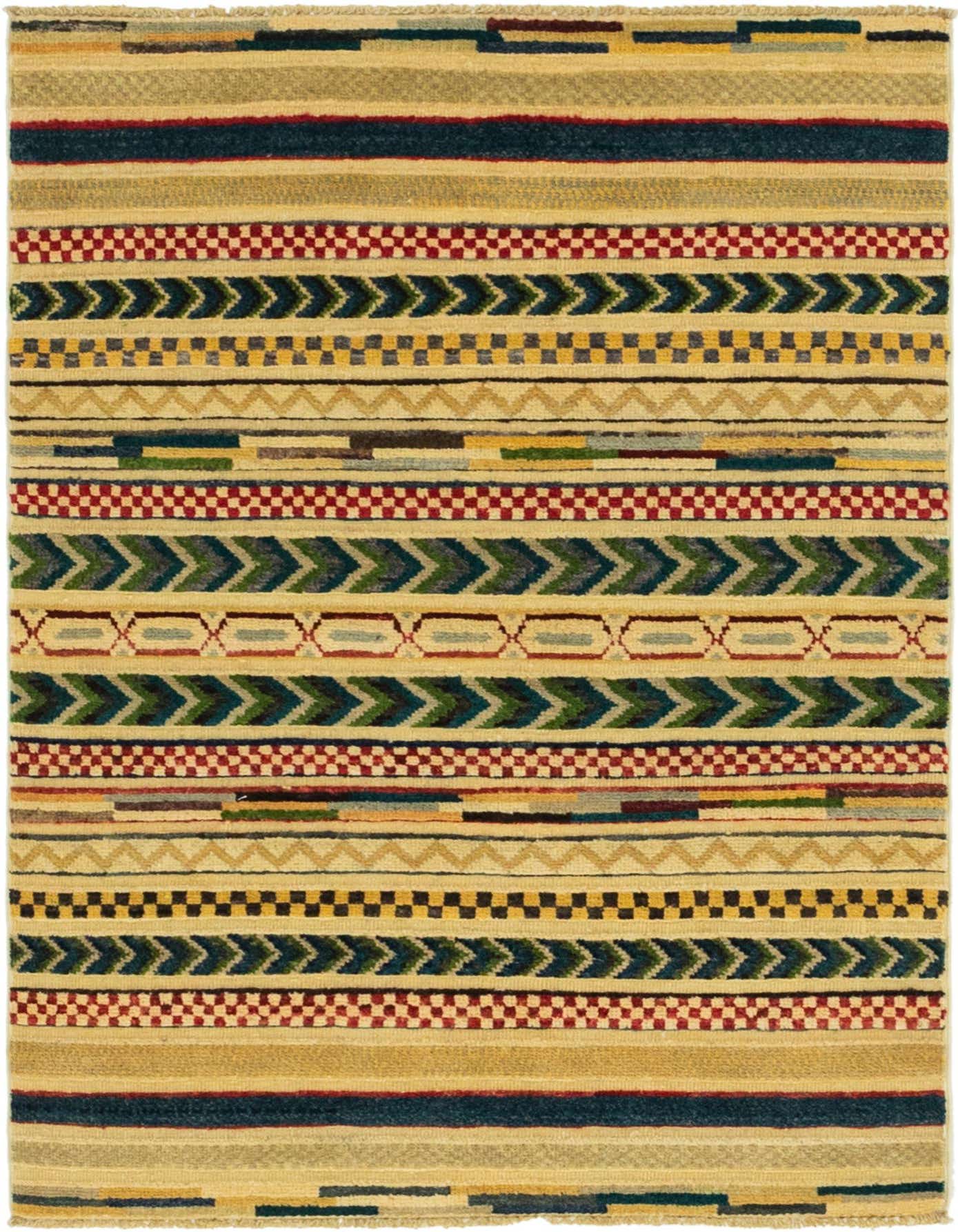 A 3x4 rectangular multi-colored Southwestern rug with horizontal stripes featuring tribal patterns and geometric shapes.