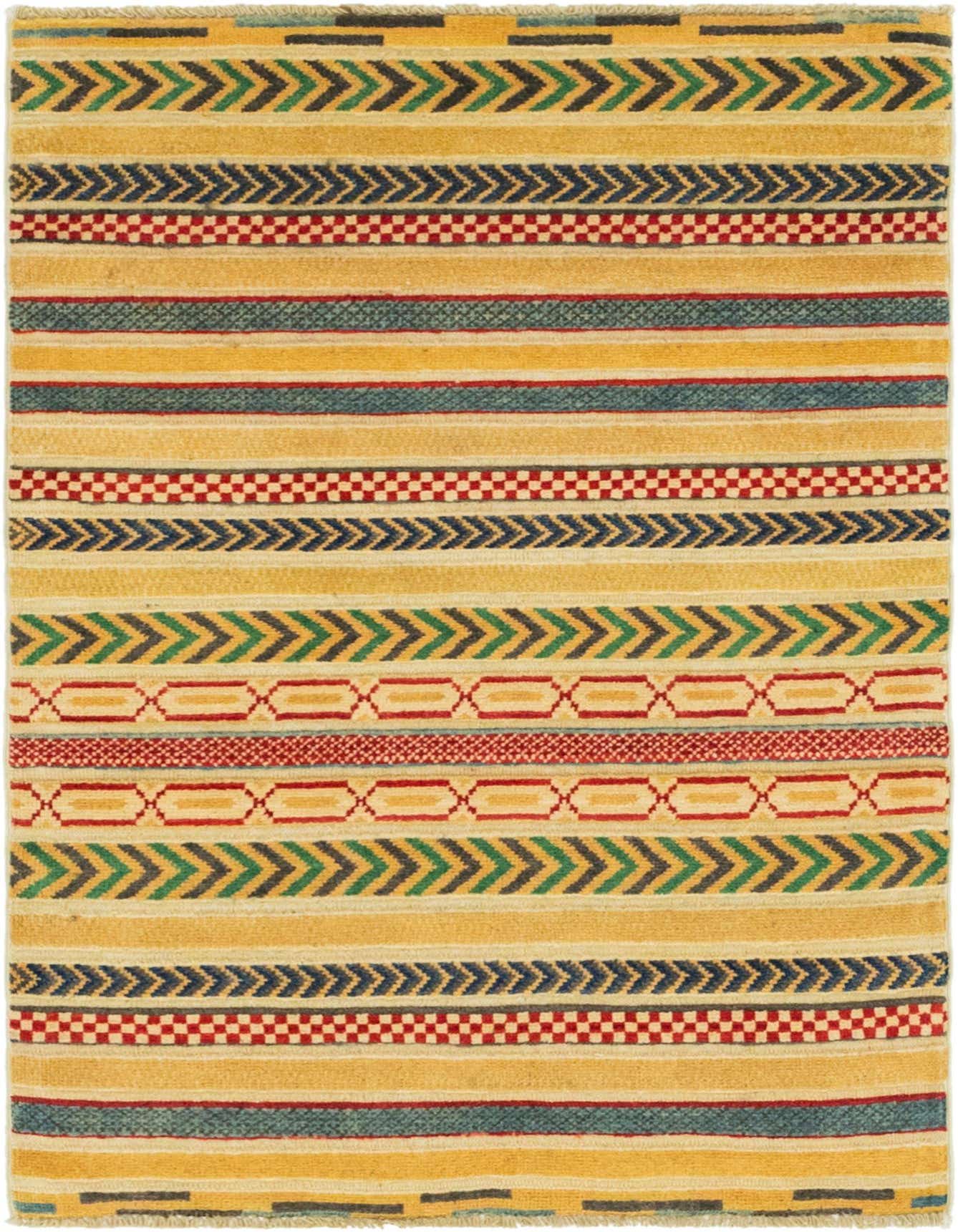 A 3x4 rectangular multi-colored wool rug featuring Southwestern and tribal stripes in yellow, red, blue, and green.