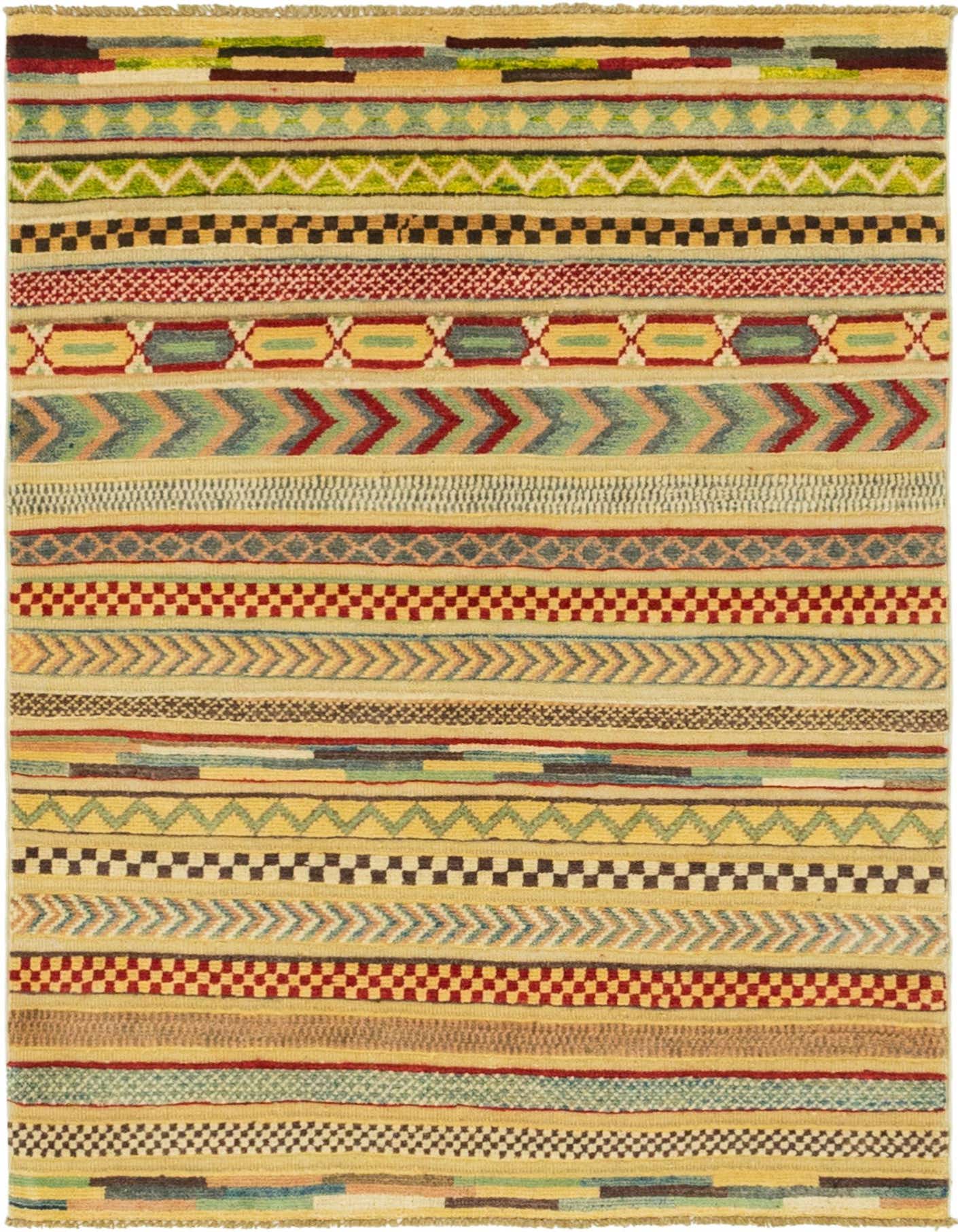 A 3x4 rectangular multi-colored wool rug featuring Southwestern and tribal stripes with various geometric patterns.