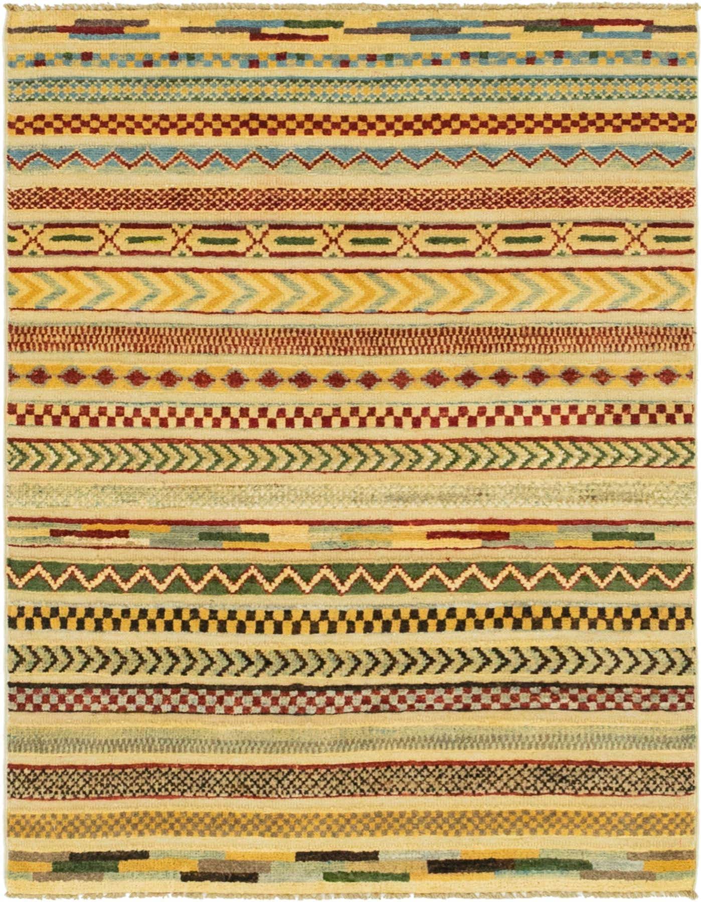 A 3x4 rectangular multi-colored tribal rug with horizontal stripes of various patterns, including geometric, Southwestern, and Oriental motifs, in shades of red, blue, green, and yellow on a cream background.