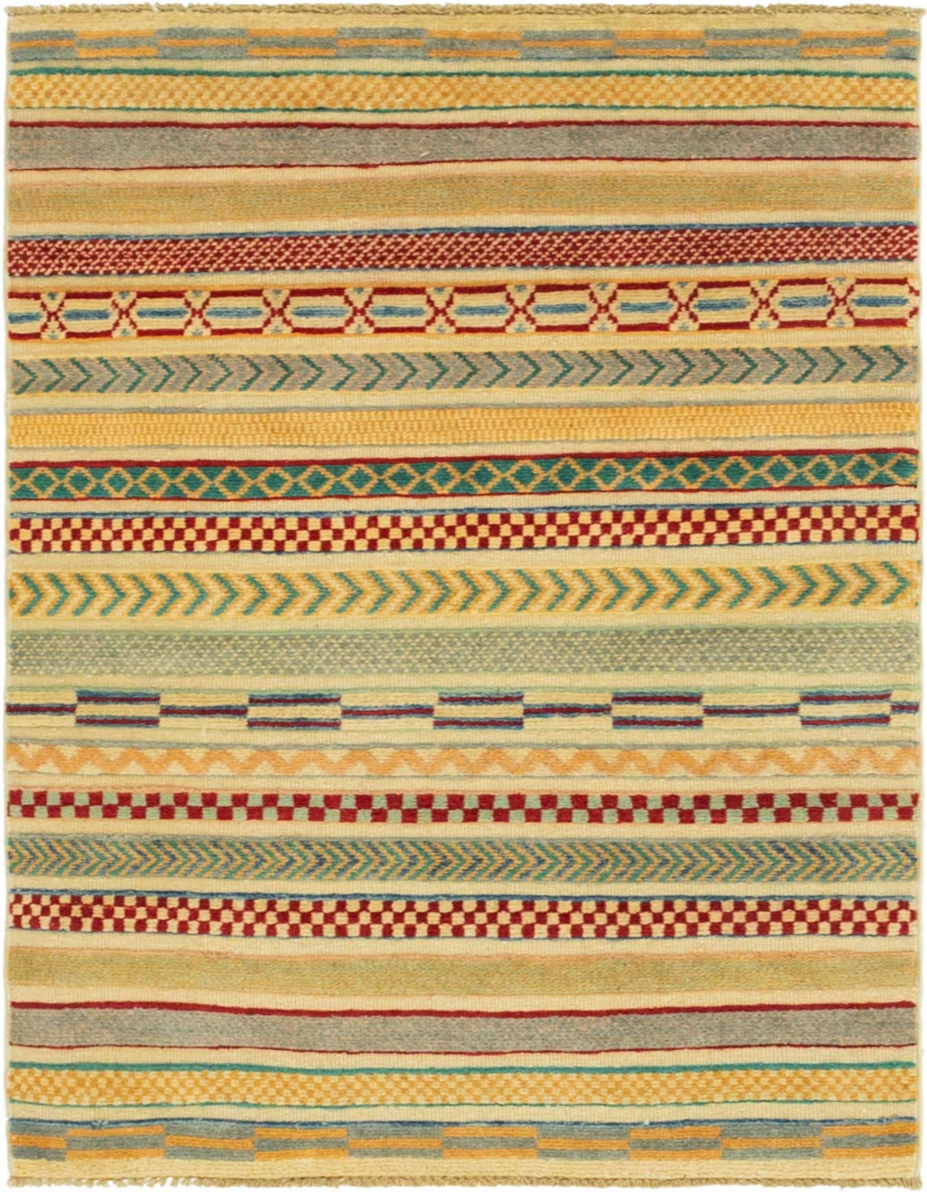 A 3x4 rectangular multi-colored tribal stripe rug made of hand-spun wool, featuring various patterns and textures.