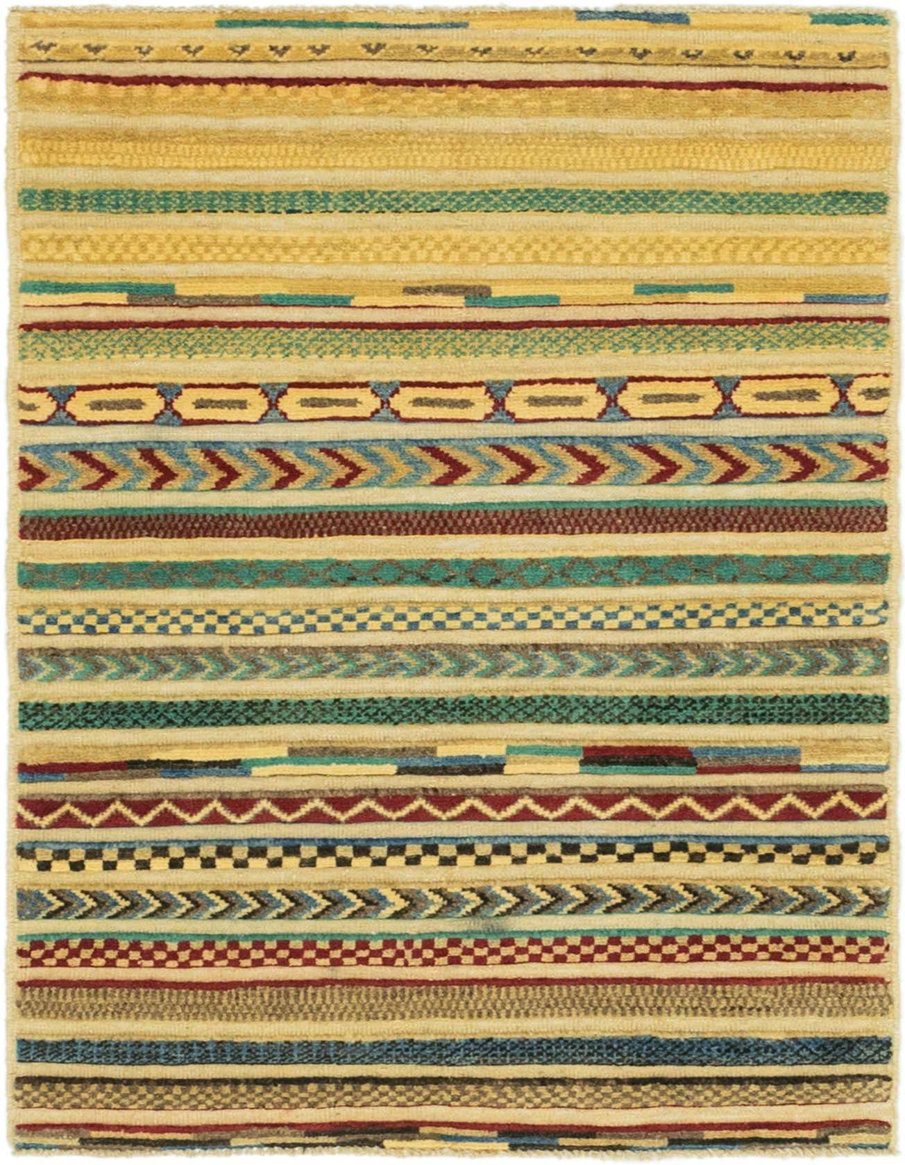 A 3x4 rectangular multi-colored wool rug with Southwestern and tribal stripe patterns in various shades of yellow, blue, red, and green.