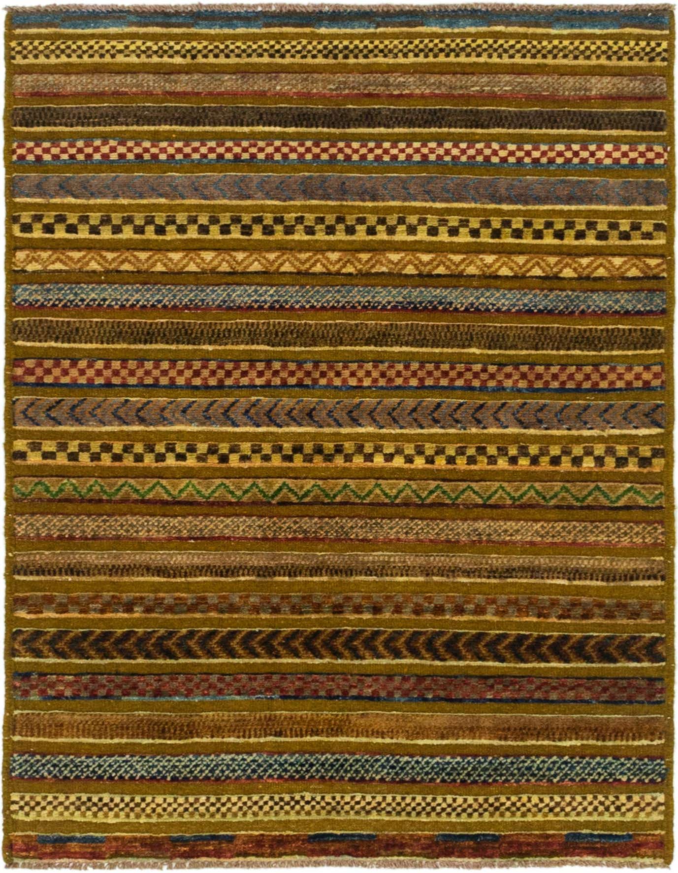 A rectangular 3x4 multi-colored Southwestern tribal rug with horizontal stripes of various patterns and textures.