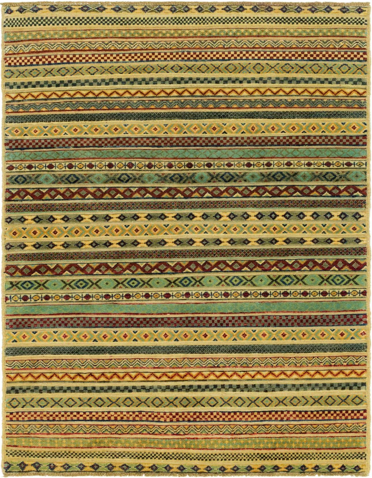 A 4x6 rectangular multi-colored Southwestern rug with horizontal stripes of various tribal patterns, made from hand-spun wool.