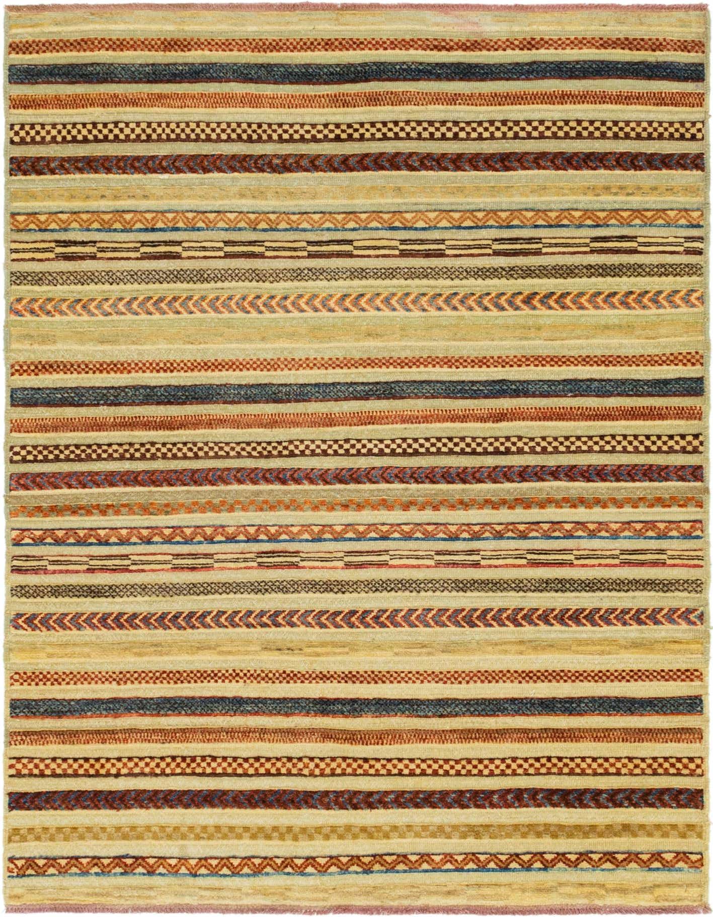 A 4x6 rectangular multi-colored Southwestern area rug with varied horizontal stripes in earthy tones, suitable for a living room.