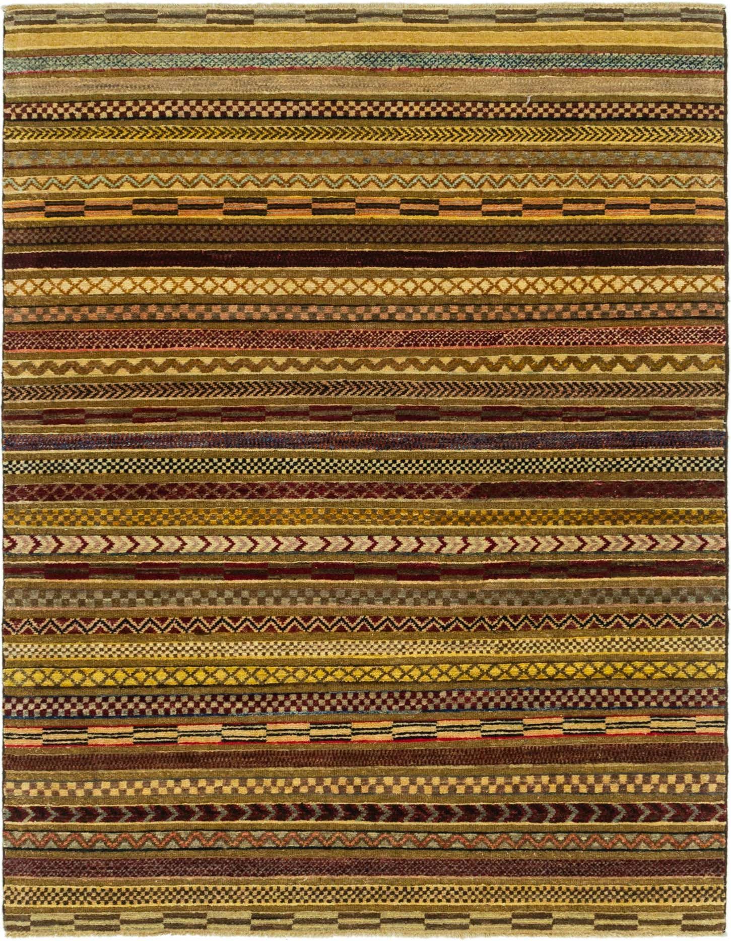 A 4x6 rectangular multi-colored Southwestern rug featuring diverse stripes with tribal patterns and geometric motifs.