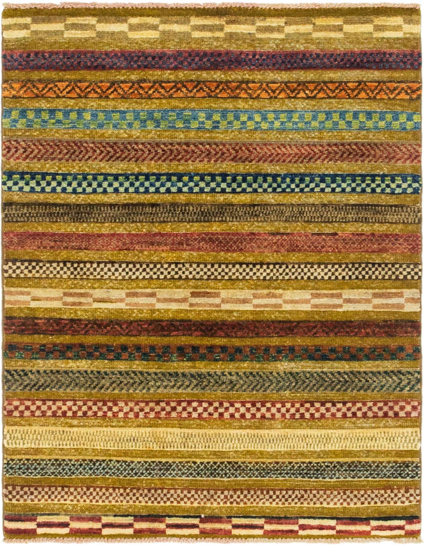 A rectangular 3x4 multi-colored rug with horizontal stripes in various tribal patterns, including chevron, checkerboard, and solid bands.
