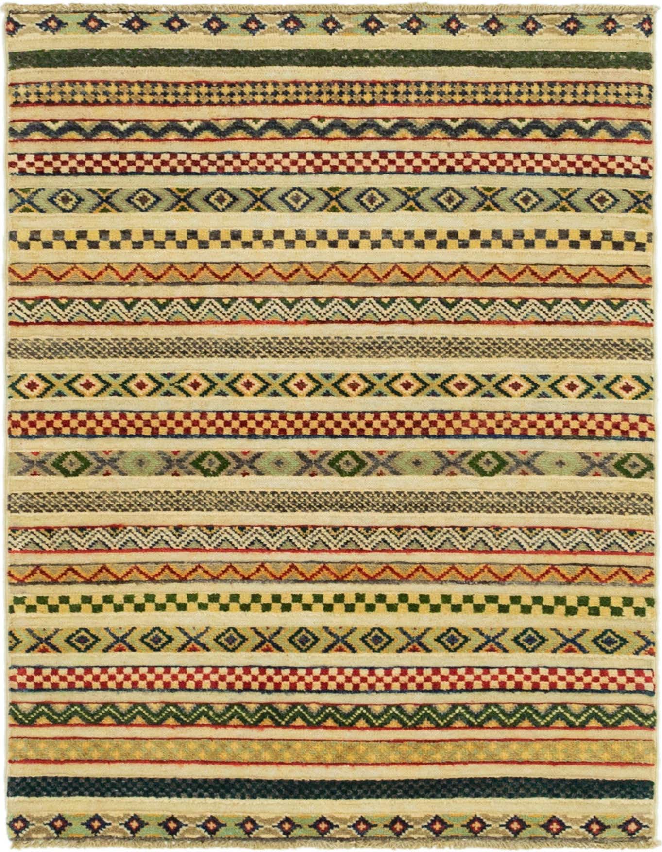 A 3x4 rectangular Rugs.com Modern Ziegler rug featuring multi-colored tribal stripes and geometric patterns on a light background, made of hand-spun wool.