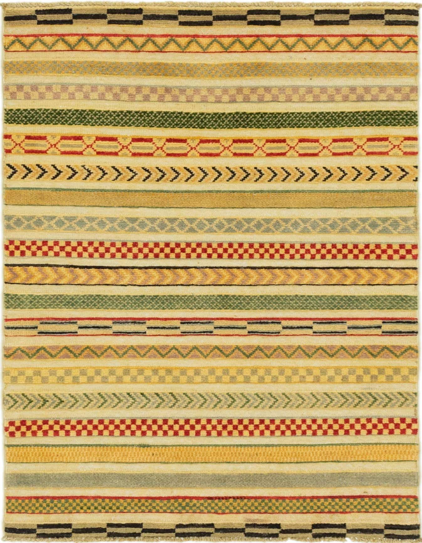 A 3x4 rectangular multi-colored wool rug featuring diverse Southwestern and tribal striped patterns in red, green, yellow, and black.