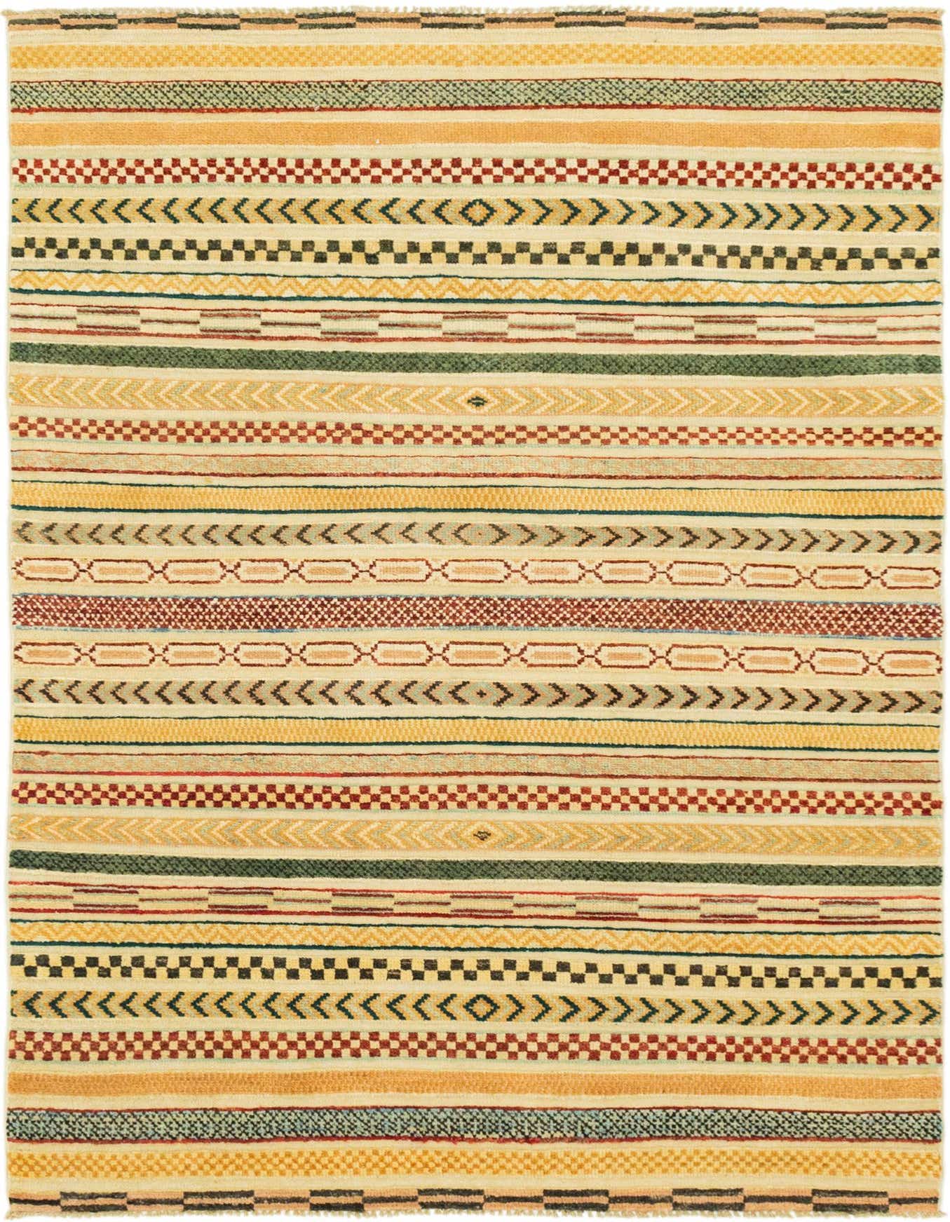 A 4x6 rectangular multi-colored tribal rug with horizontal stripes featuring geometric patterns in yellow, green, red, and black.