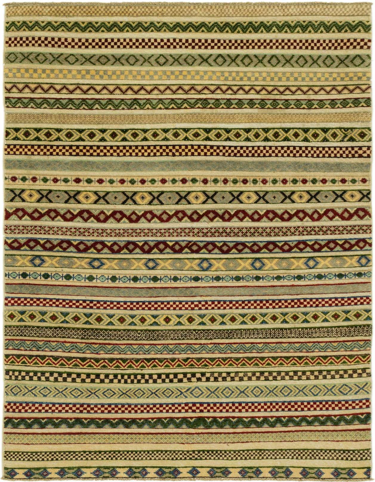 A 4x6 rectangular multi-colored tribal rug with horizontal stripes of various geometric patterns and rich textures.