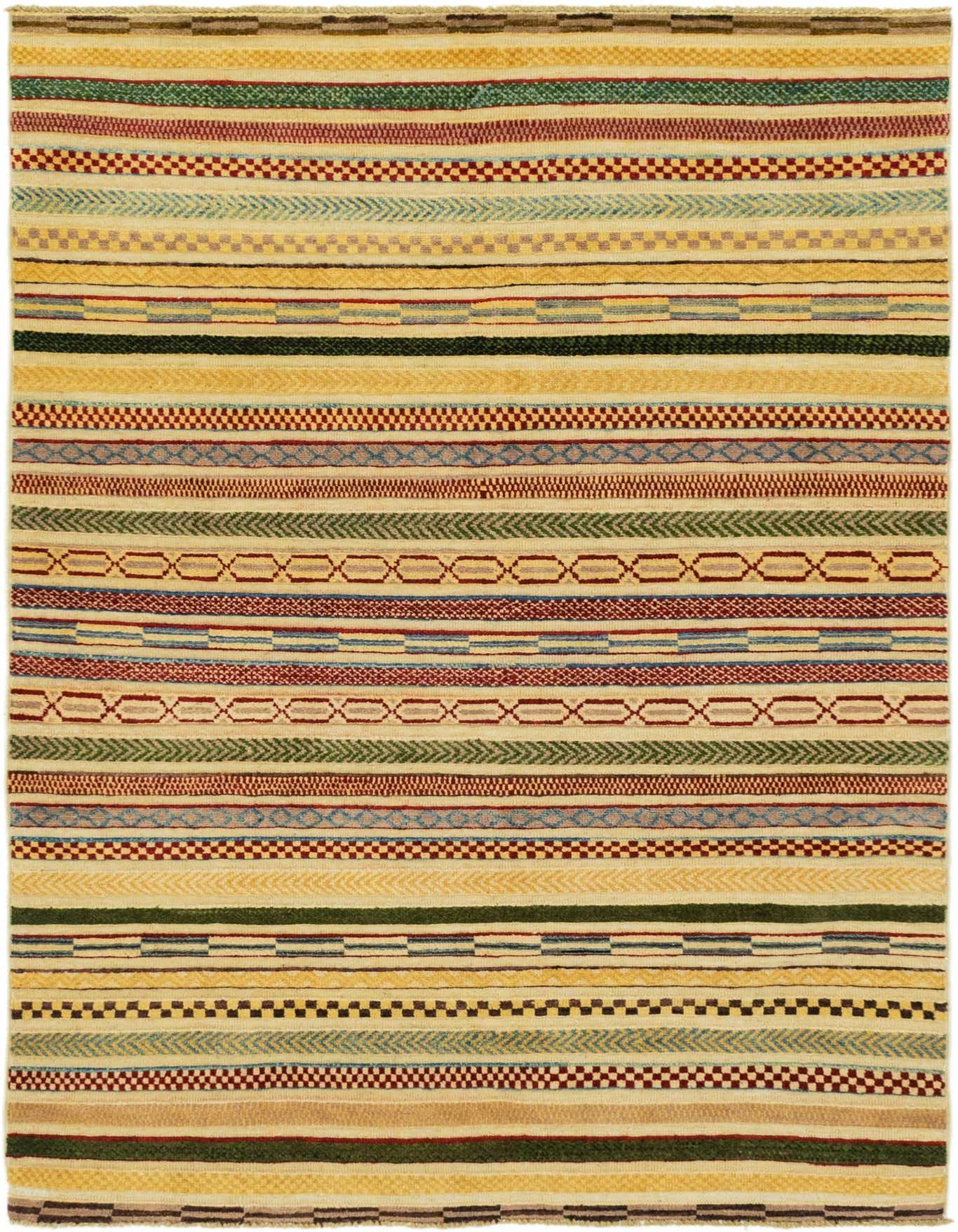 A 4x6 rectangular multi-colored tribal rug with horizontal stripes of various patterns and colors, including red, green, blue, and yellow.