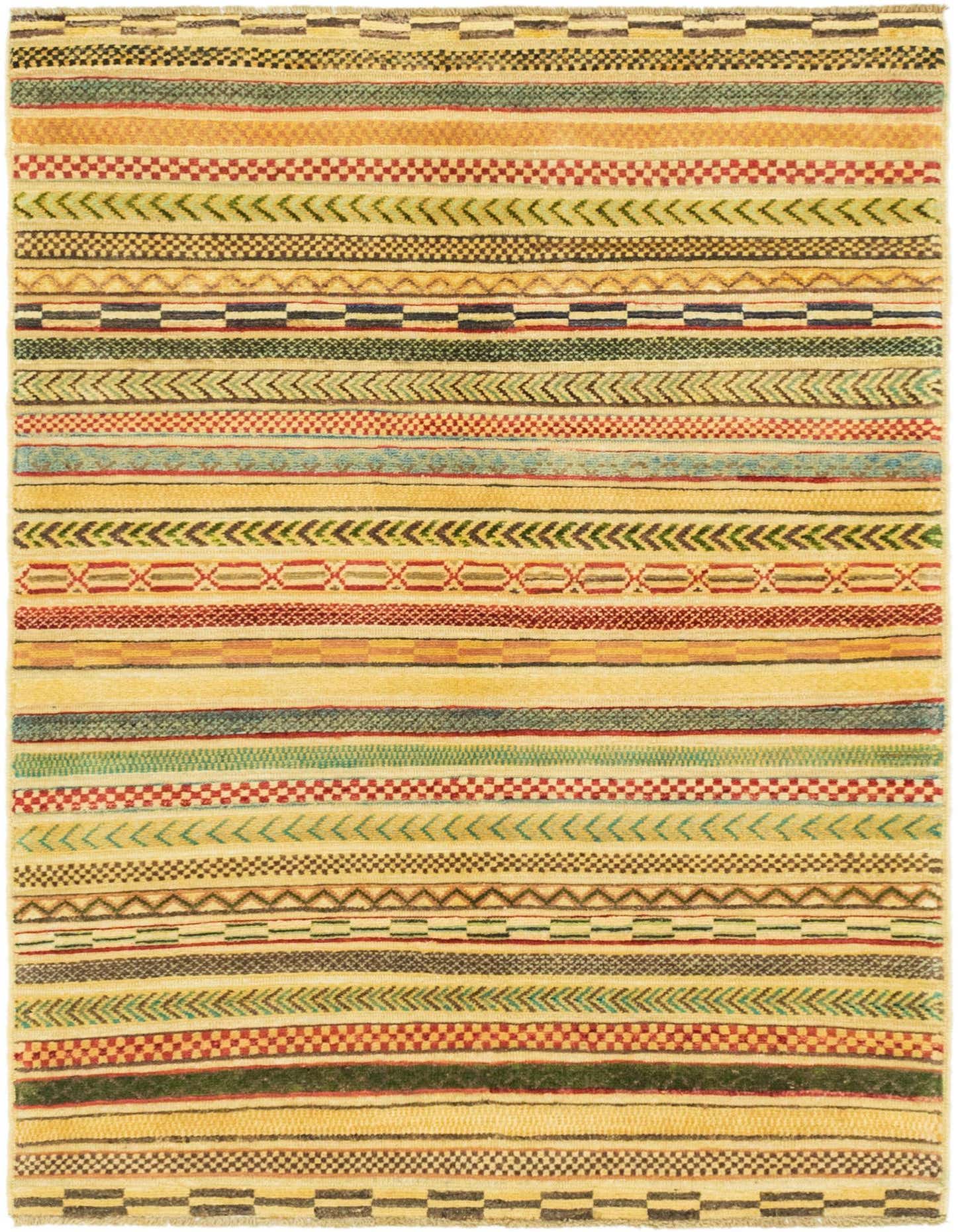 A 4x6 rectangular multi-colored Southwestern rug with varied stripes and tribal patterns, made from hand-spun wool.