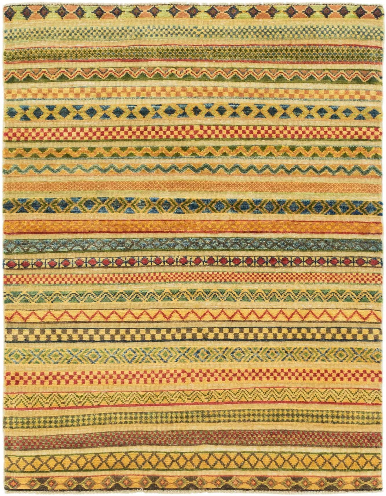 A 3x5 rectangular multi-colored Southwestern rug with diverse striped patterns, handmade from wool, perfect for an entryway.