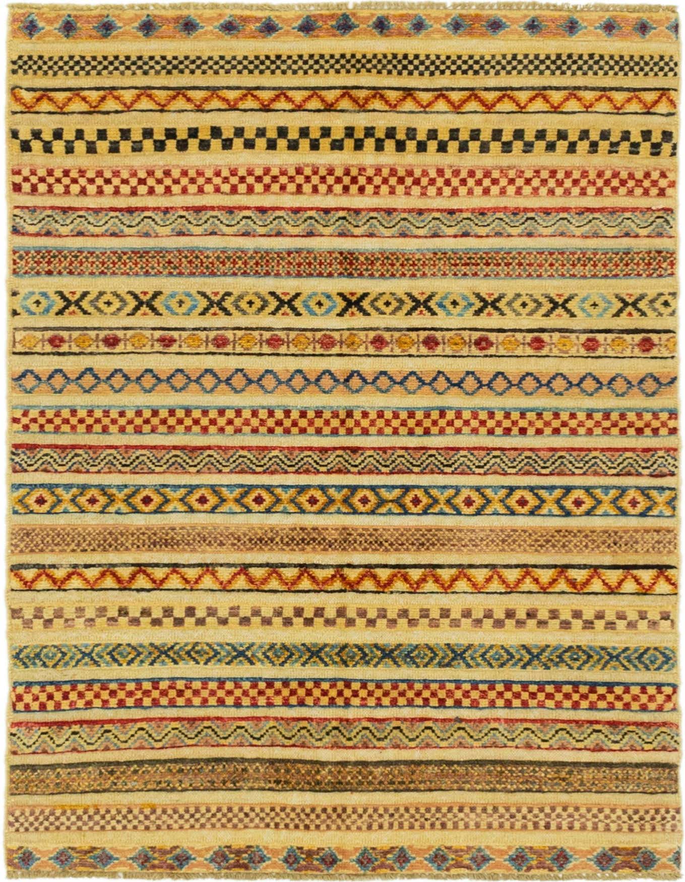 A 3x4 rectangular multi-colored Southwestern tribal rug with horizontal stripes of various geometric patterns.