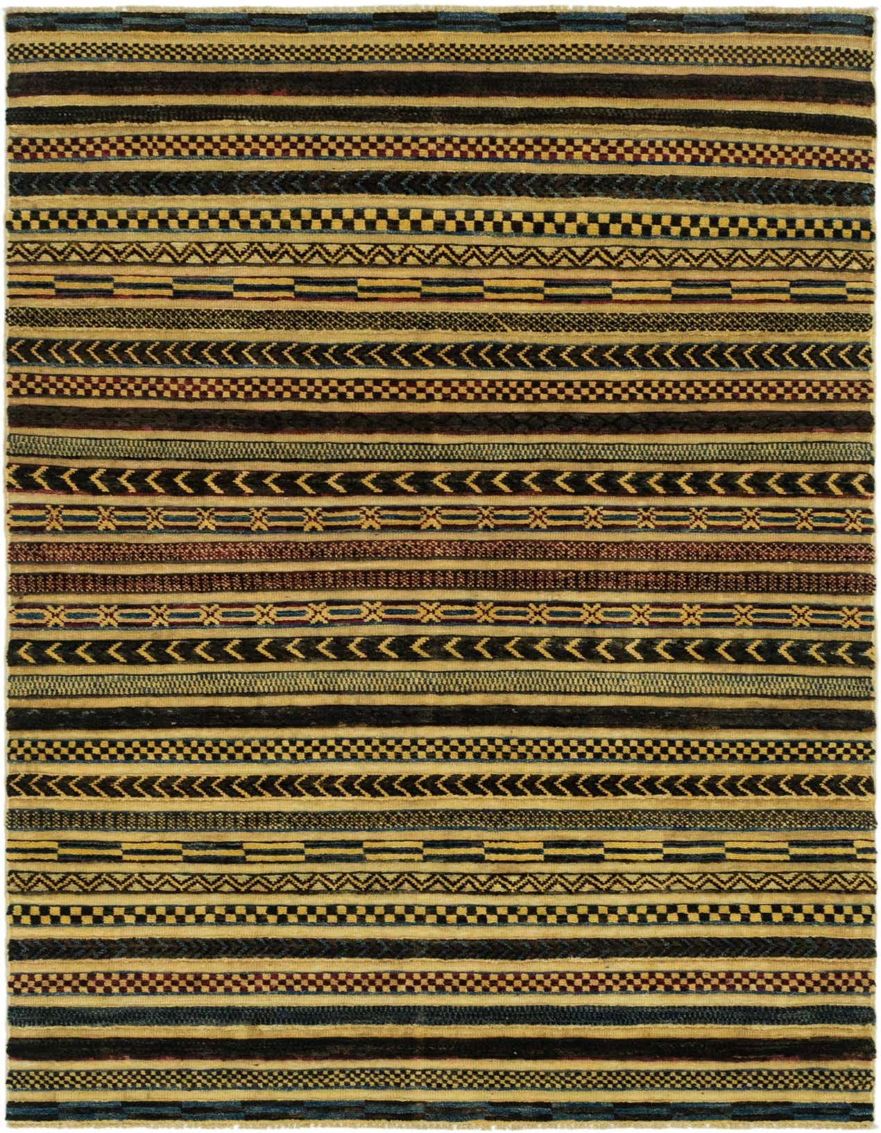 A 4x6 rectangular multi-colored tribal rug with horizontal stripes featuring various geometric patterns in black, gold, red, and blue.