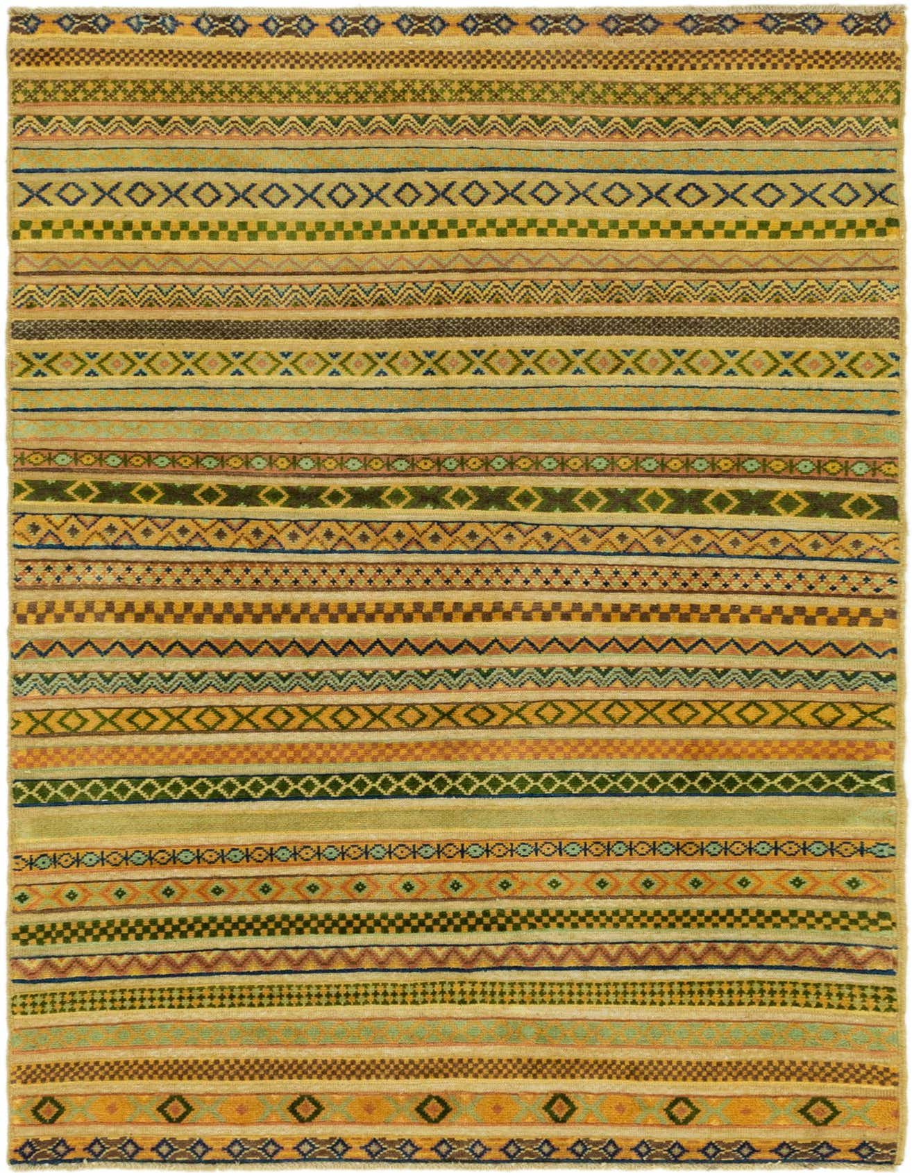 A 4x6 rectangular multi-colored Southwestern tribal rug with varied horizontal stripes and geometric patterns.