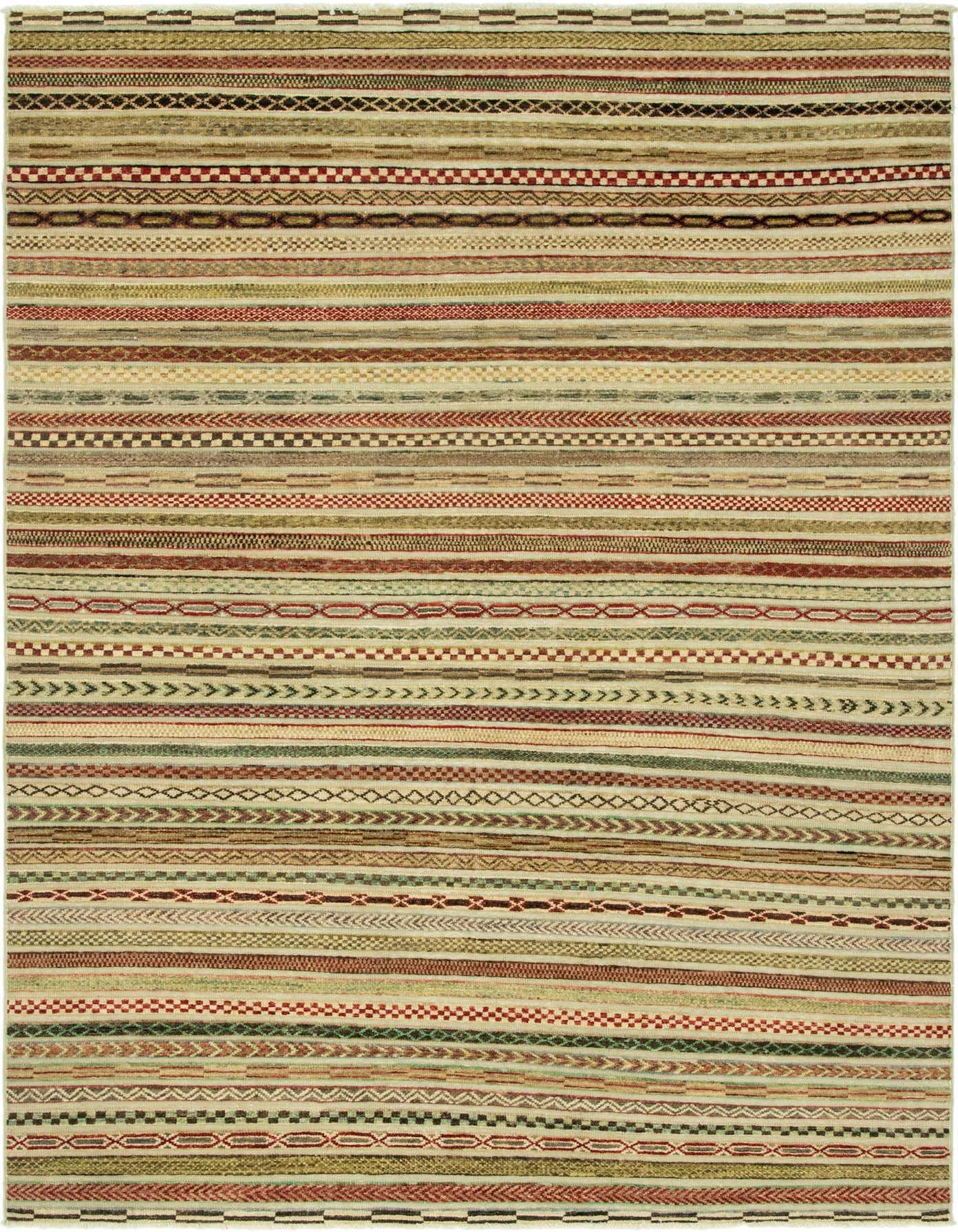 A 5x8 rectangular Modern Ziegler rug featuring multi-colored stripes with varied geometric and oriental patterns, suitable for a living room.