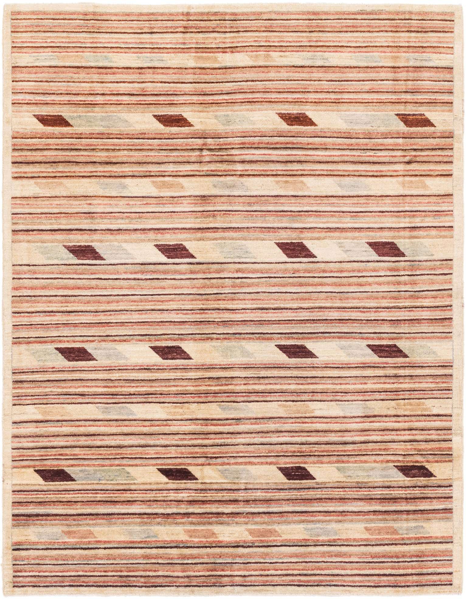 A 6x9 rectangular Modern Ziegler rug featuring multi-colored stripes and diamond patterns on a light background, ideal for a living room.