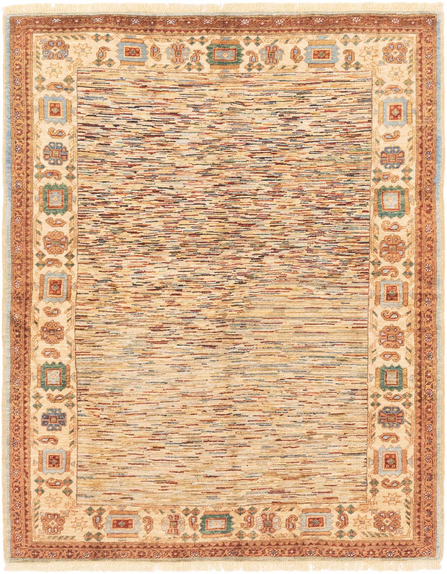A 5x7 rectangular Modern Ziegler rug featuring a multi-colored striped center with a traditional light beige and rust border.