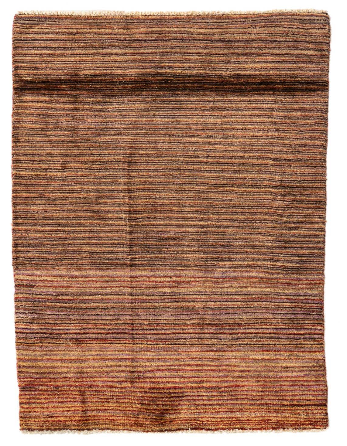 A 3x5 rectangular multi-colored wool rug with thin stripes in shades of brown, red, and purple.