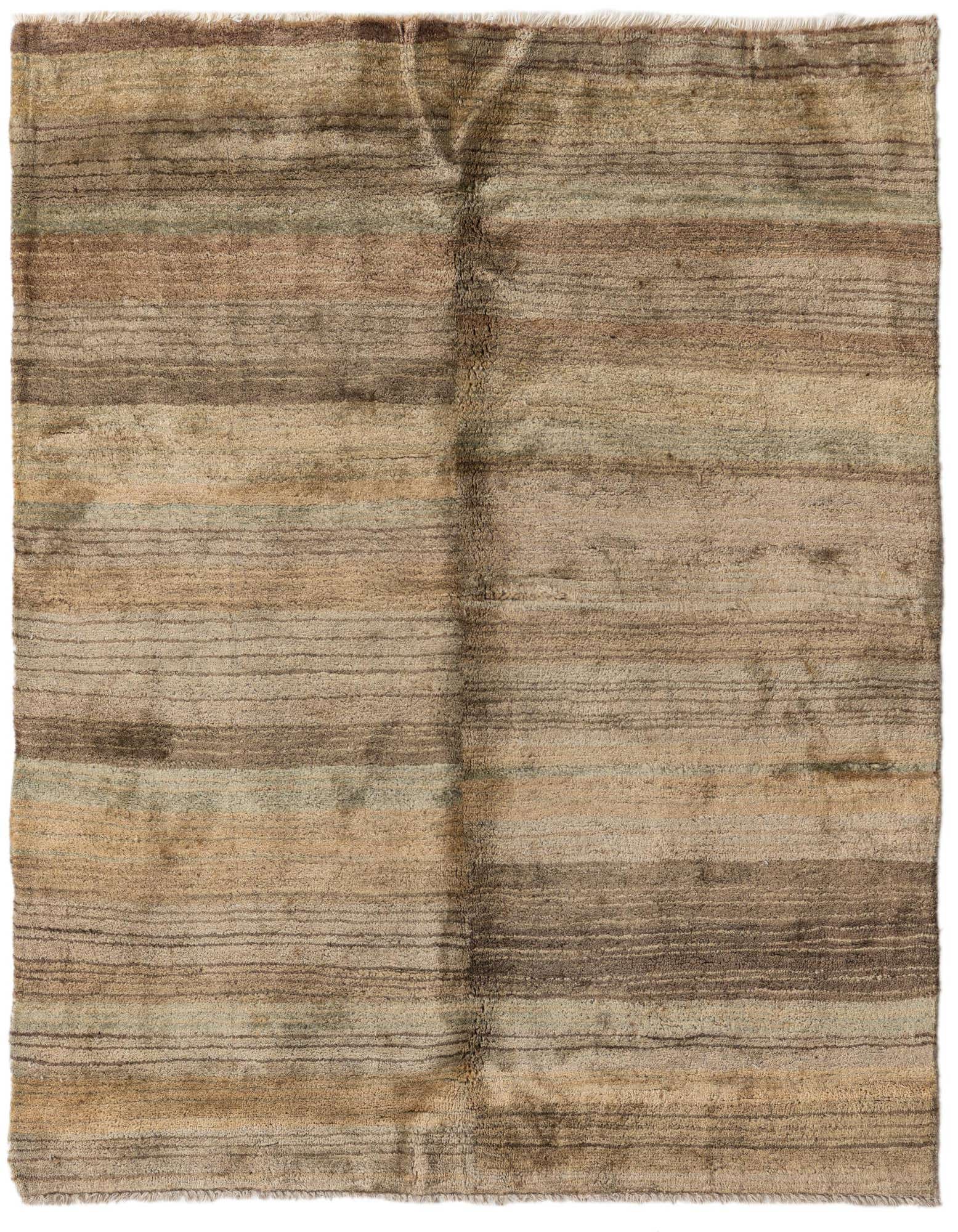 A 4x6 rectangular Modern Ziegler rug featuring horizontal stripes in varying shades of brown, beige, and subtle green.