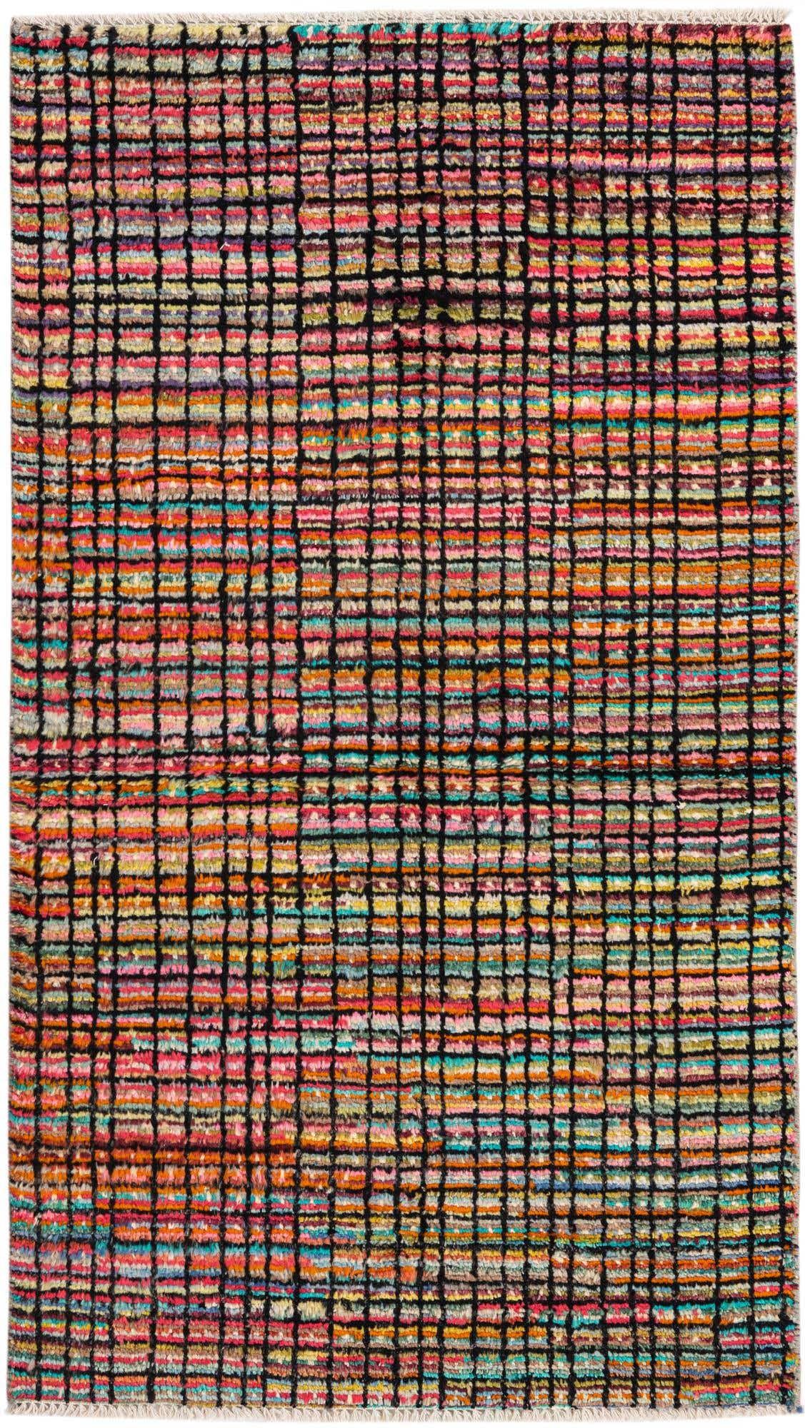 A 3x5 rectangular multi-colored modern rug with an abstract grid pattern, made from hand-spun wool.