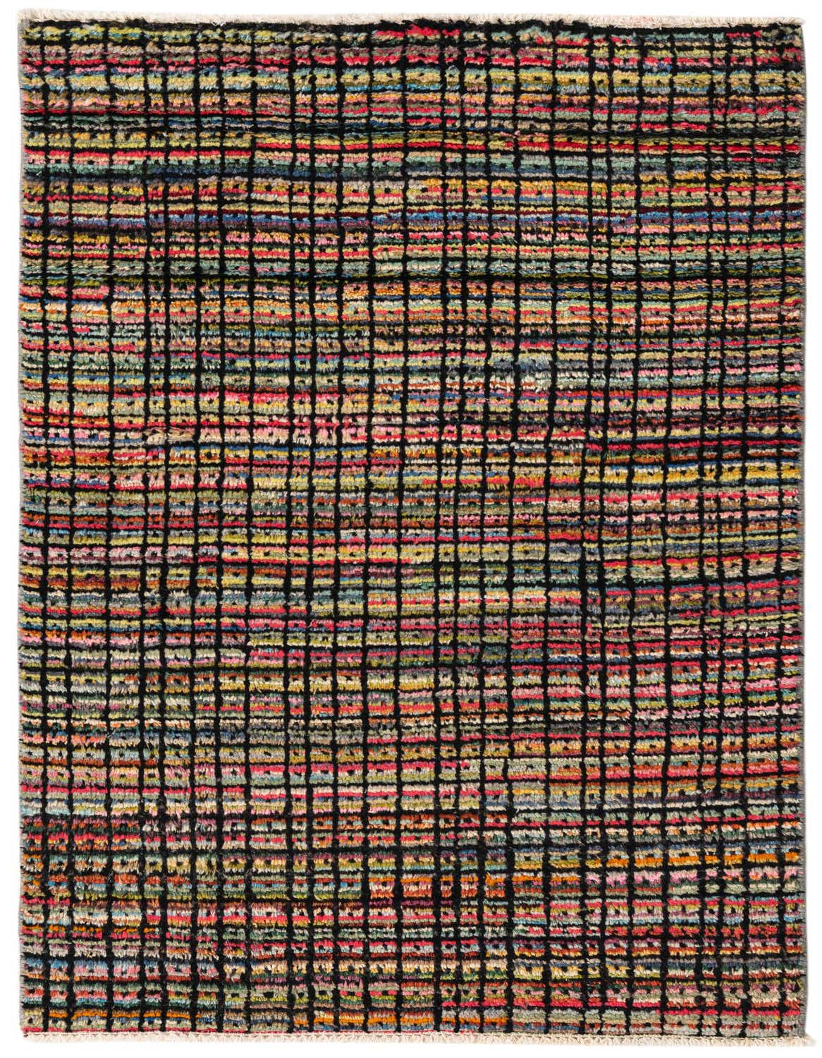 A rectangular 3x5 multi-colored Modern Ziegler rug with a textured, abstract grid pattern in vibrant hues.