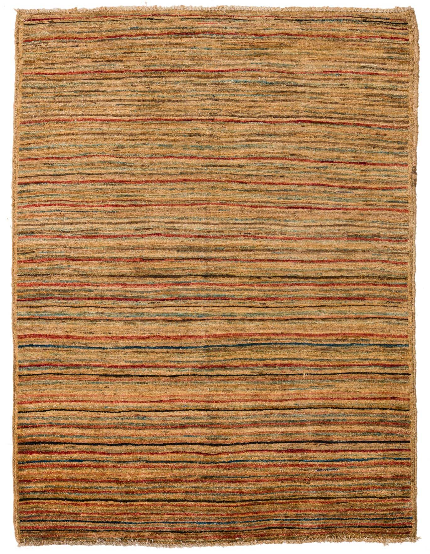 A 3x5 rectangular Modern Ziegler rug featuring horizontal stripes in various colors like red, blue, and black on a natural wool background.