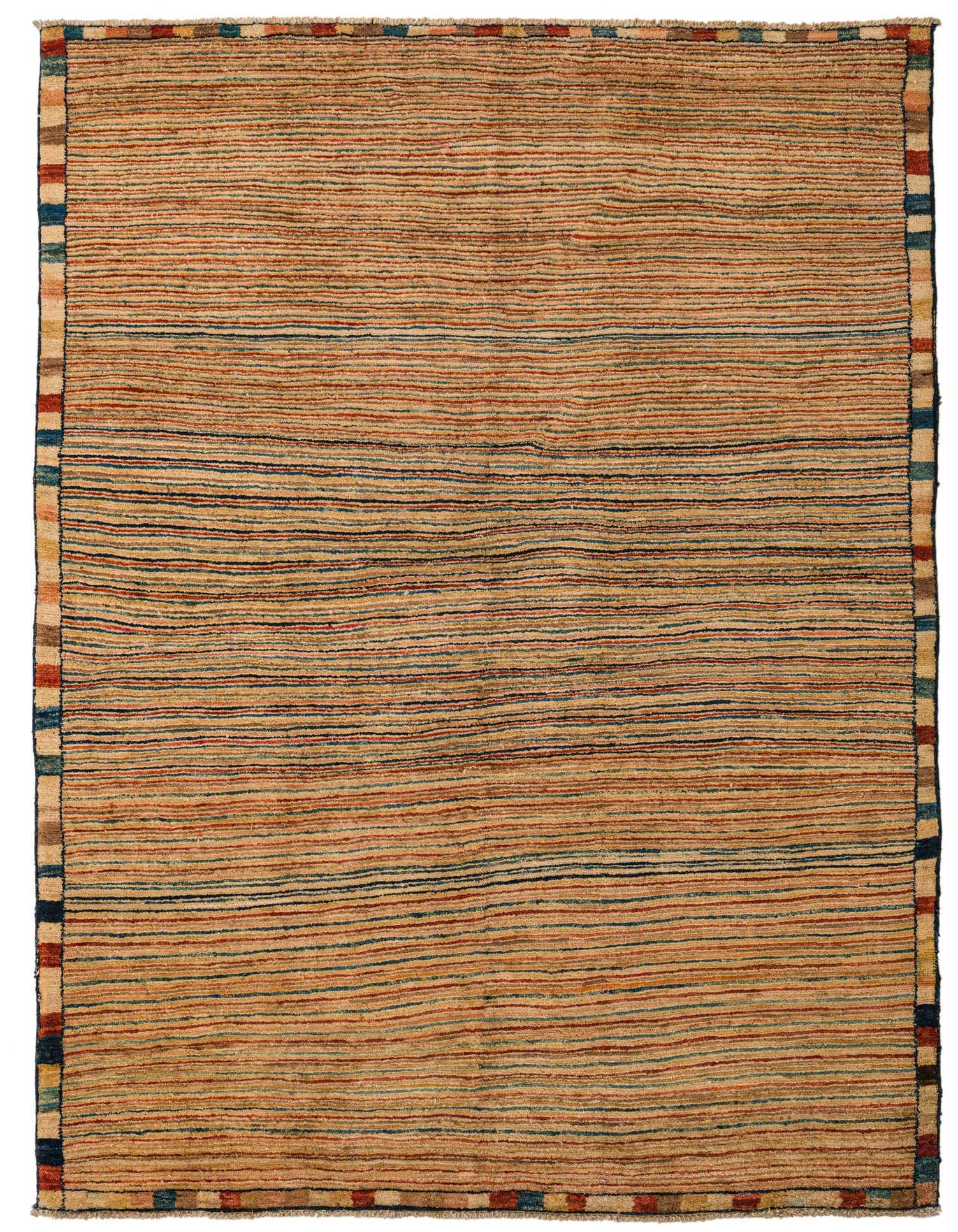 A 4x6 rectangular multi-colored rug with thin stripes in shades of red, blue, and black on a beige background, featuring a checkered border.