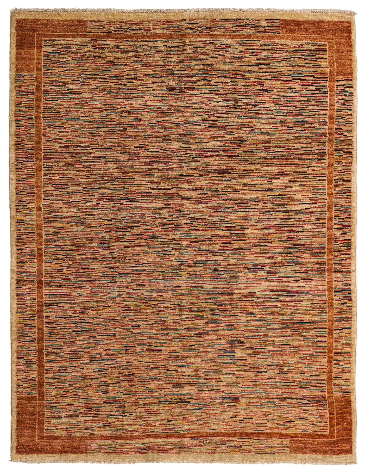 A 4x6 multi-colored rectangular rug with a modern stripe pattern and a solid brown border, made from hand-spun wool.
