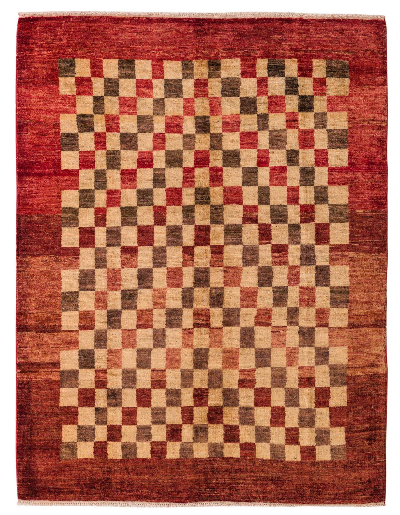 A 4x6 rectangular Modern Ziegler rug featuring a multi-colored checkerboard pattern with a solid red border, made of hand-spun wool.